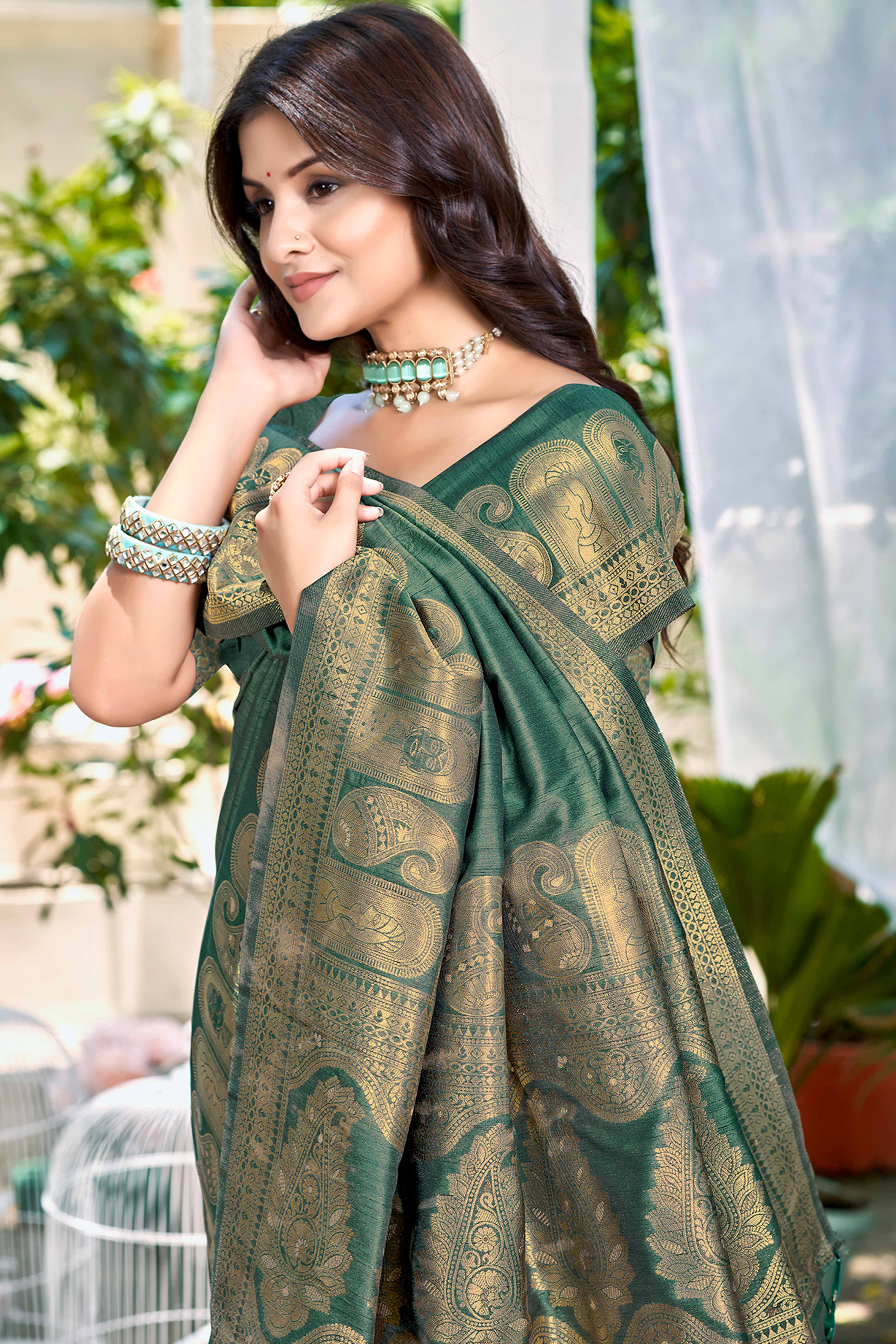 Dark Green Assam Silk Blend Saree With Intricate Zari Floral & Paisley Weaving & Tassel Pallu