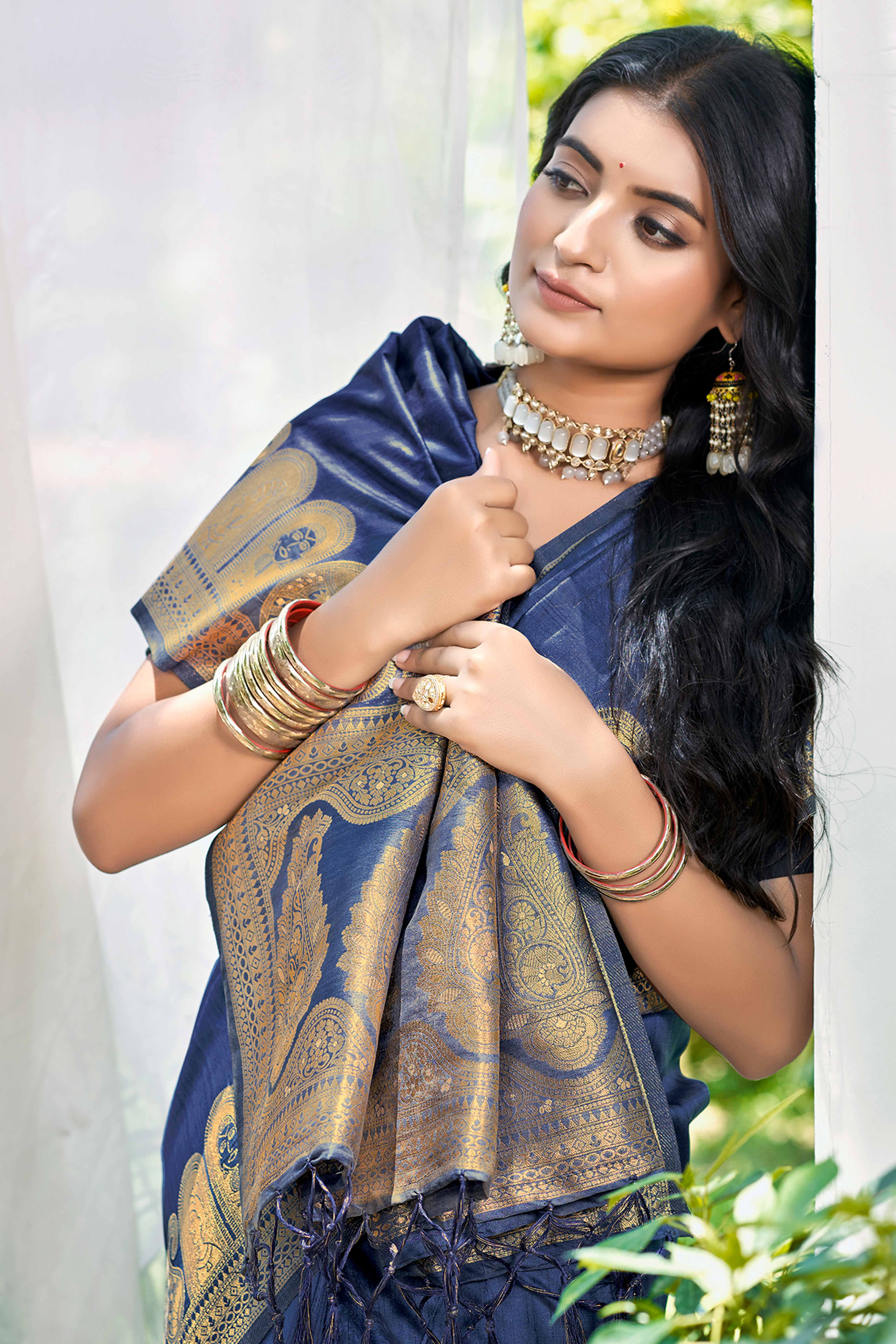 Navy Blue Assam Silk Blend Saree With Intricate Zari Floral & Paisley Weaving & Tassel Pallu