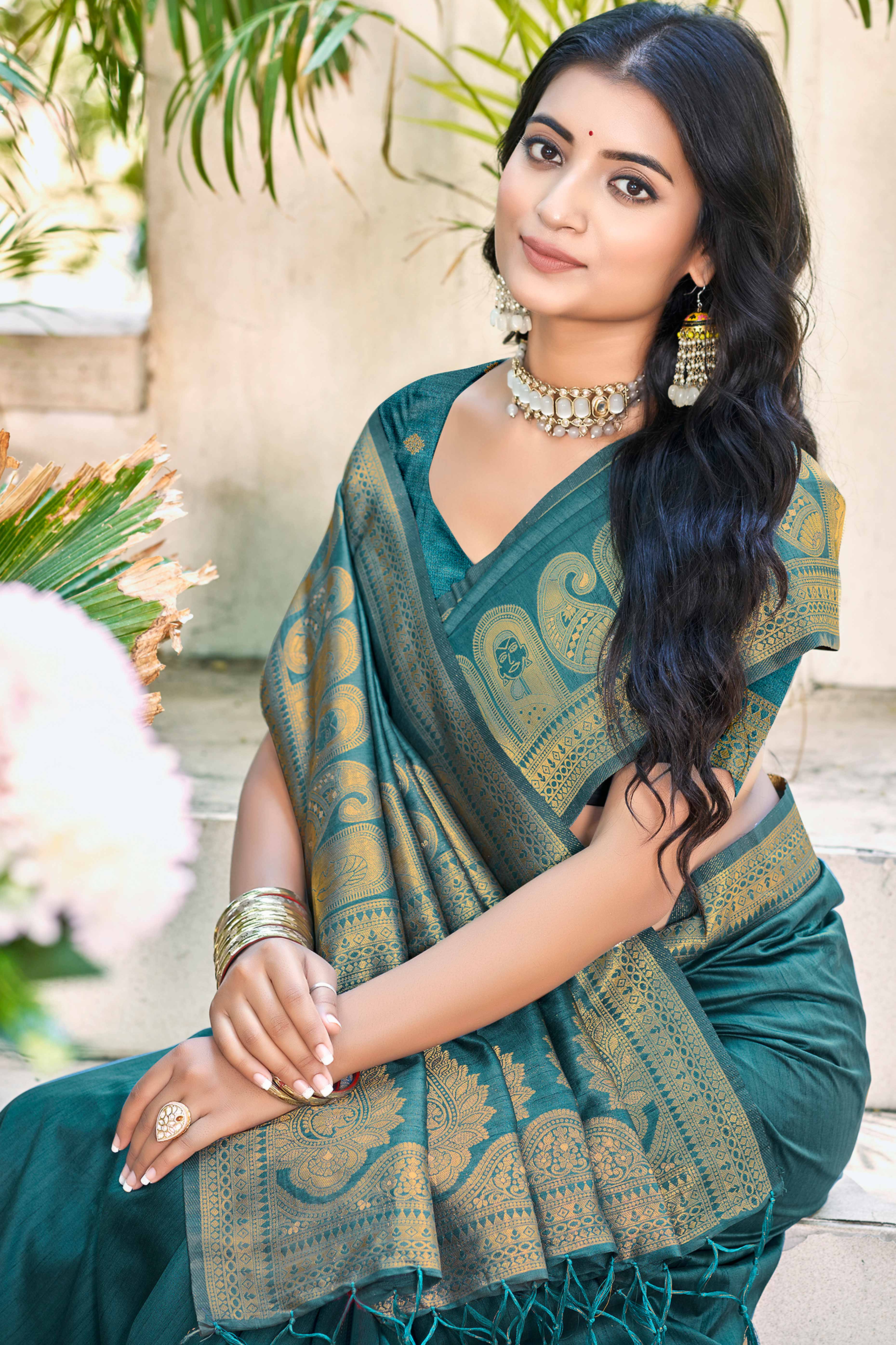 Peacock Blue Assam Silk Blend Saree With Intricate Zari Floral & Paisley Weaving & Tassel Pallu