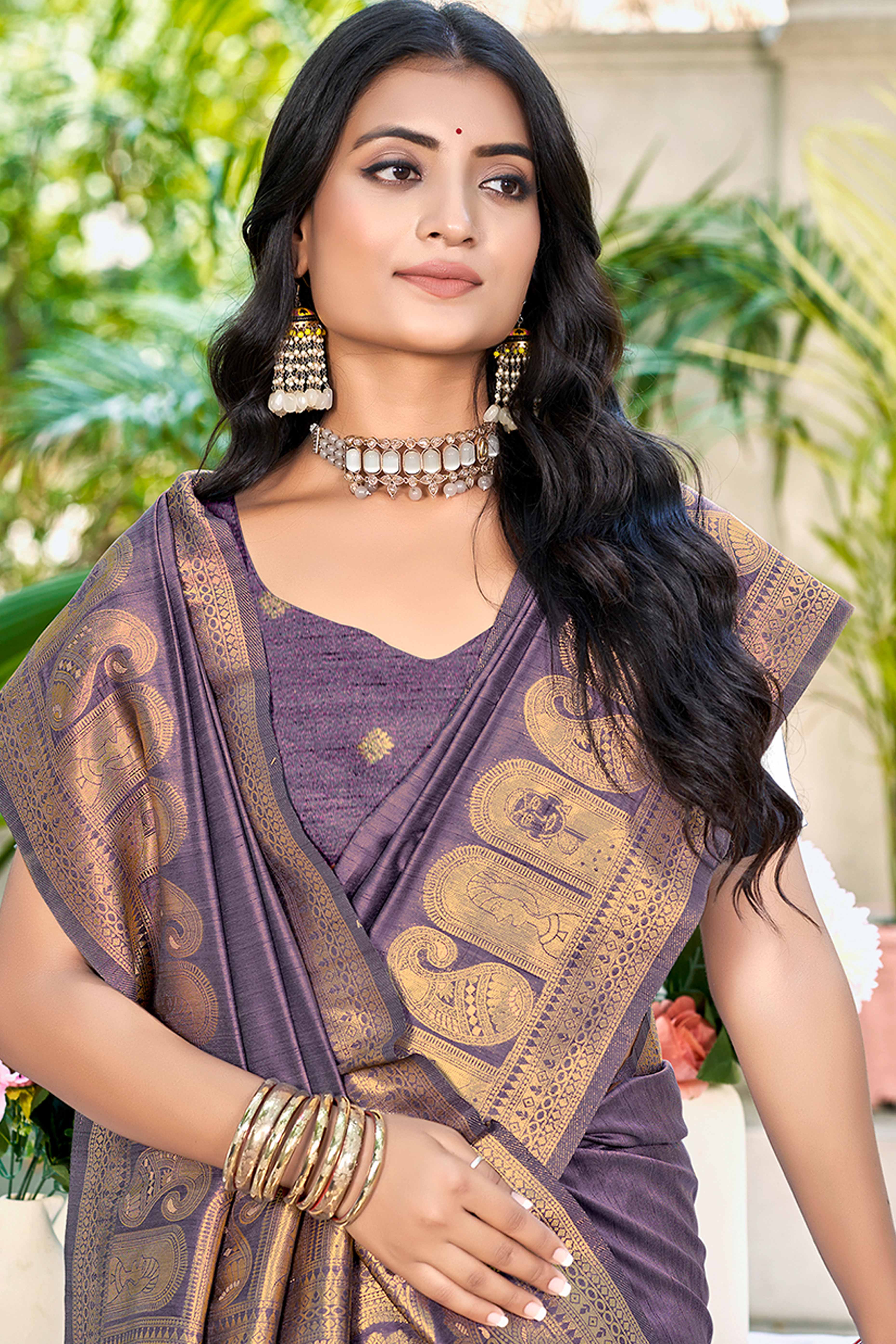 Purple Assam Silk Blend Saree With Intricate Zari Floral & Paisley Weaving & Tassel Pallu