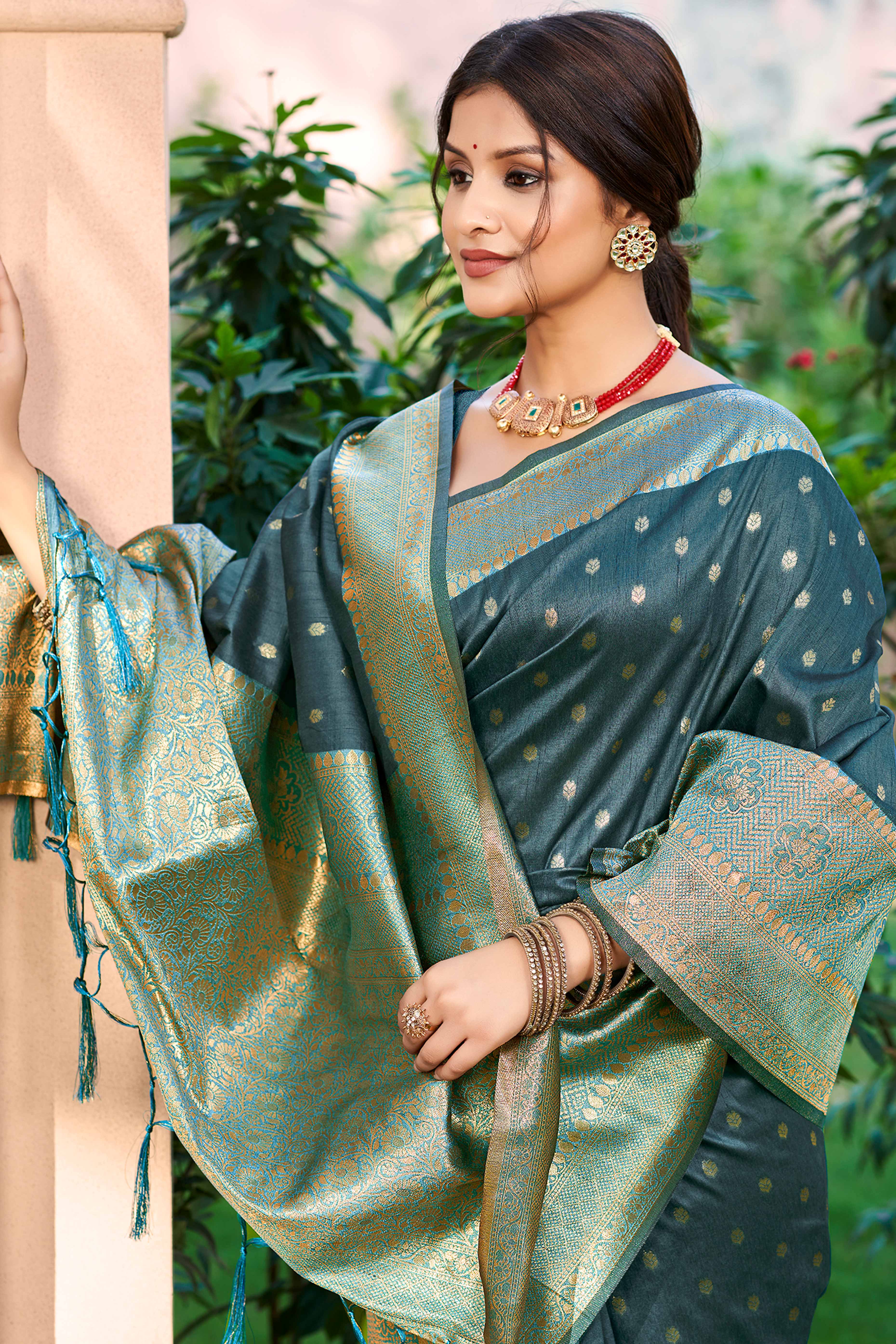 Dark Turquoise Assam Silk Blend Saree Adorned With Timeless Floral Zari Weaving