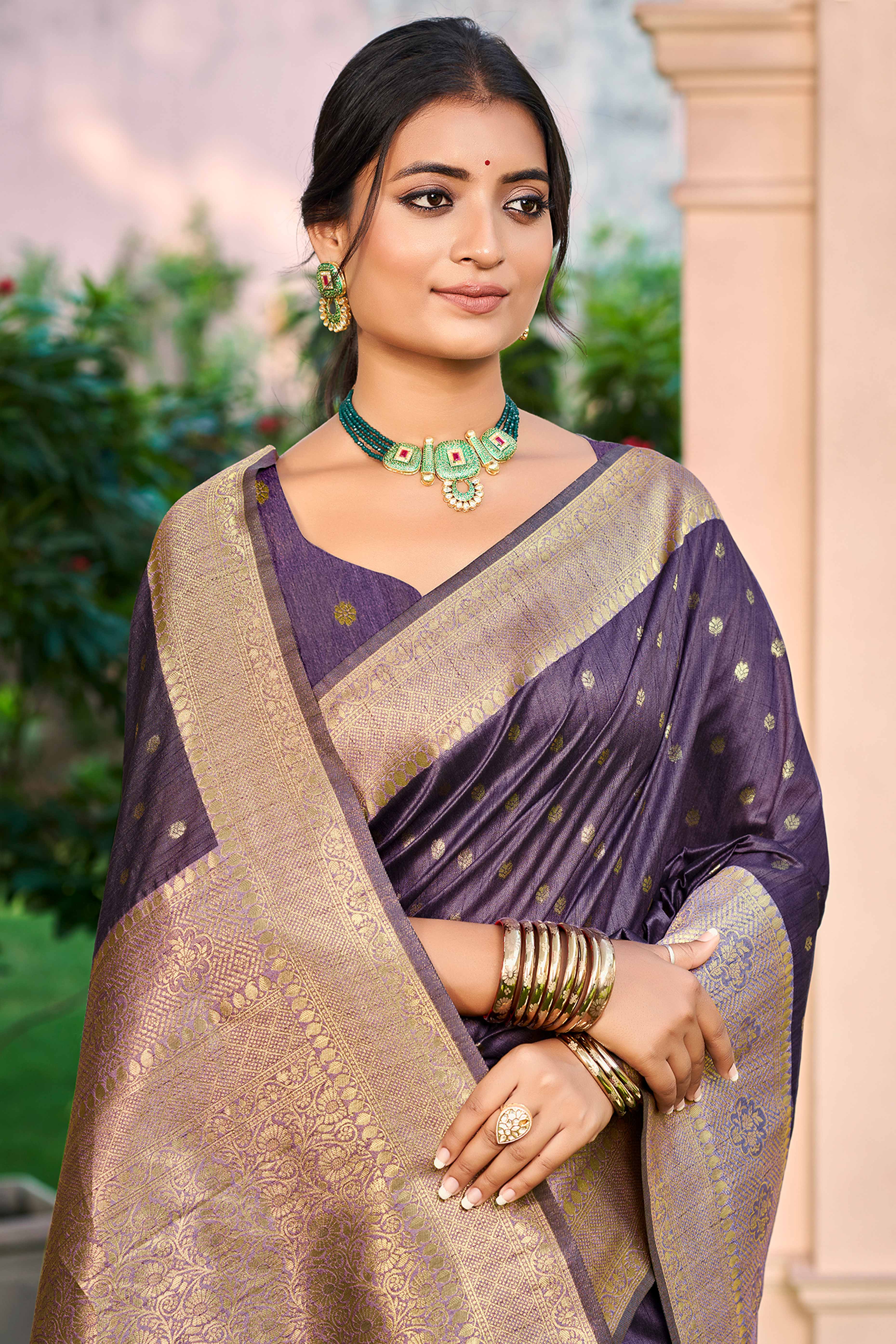 Dark Purple Assam Silk Blend Saree Adorned With Timeless Floral Zari Weaving