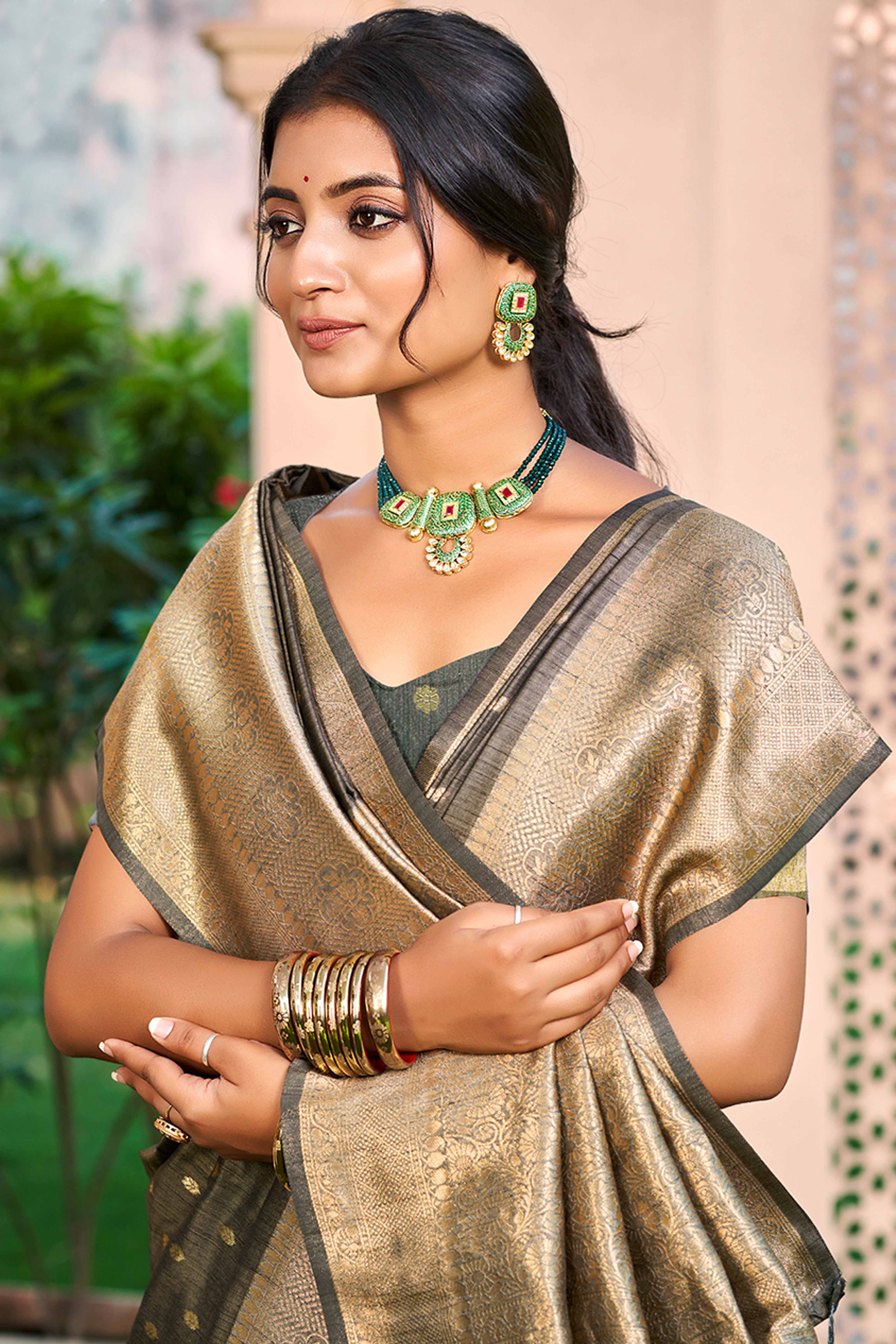 Grey Assam Silk Blend Saree Adorned With Timeless Floral Zari Weaving