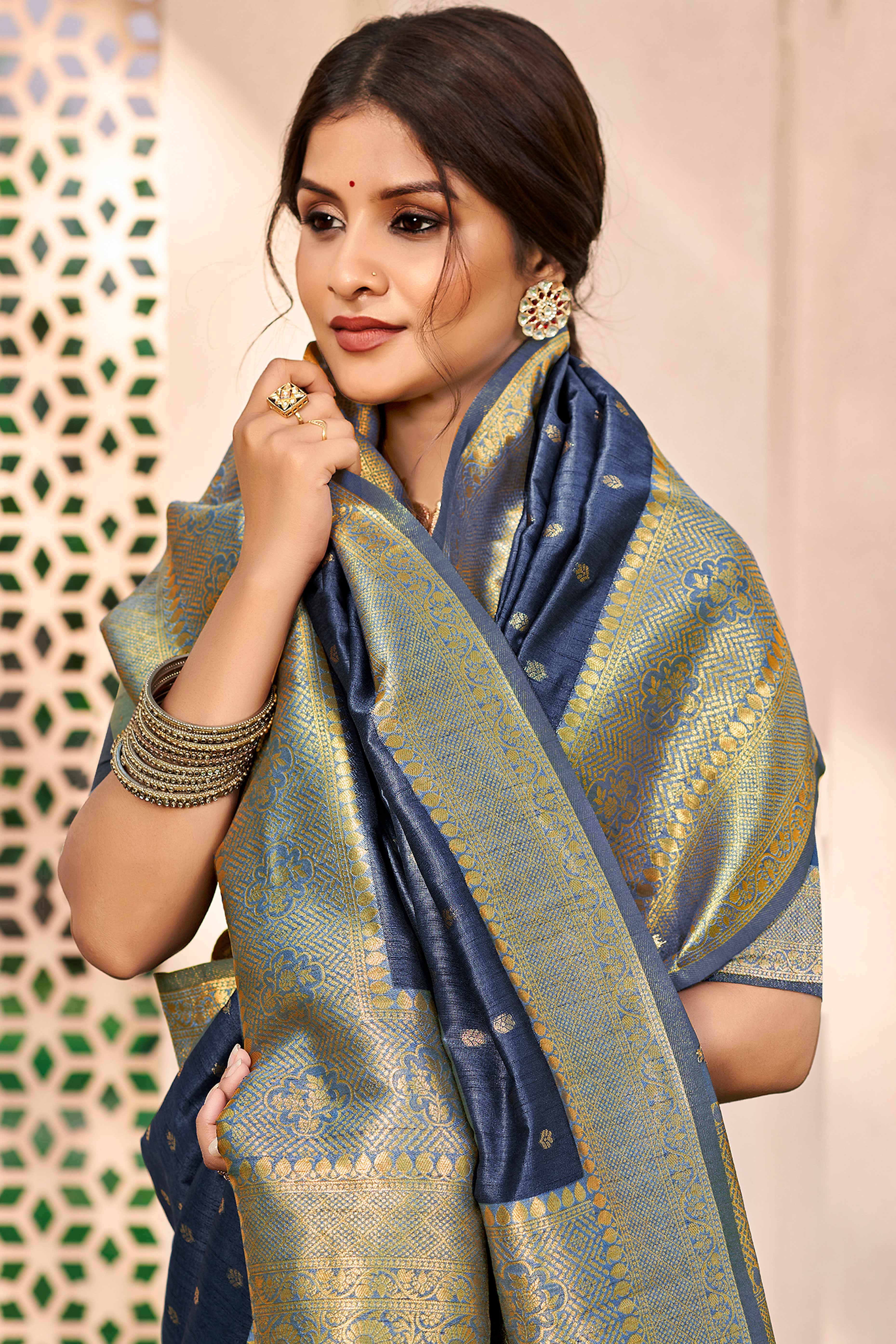 Navy Blue Assam Silk Blend Saree Adorned With Timeless Floral Zari Weaving