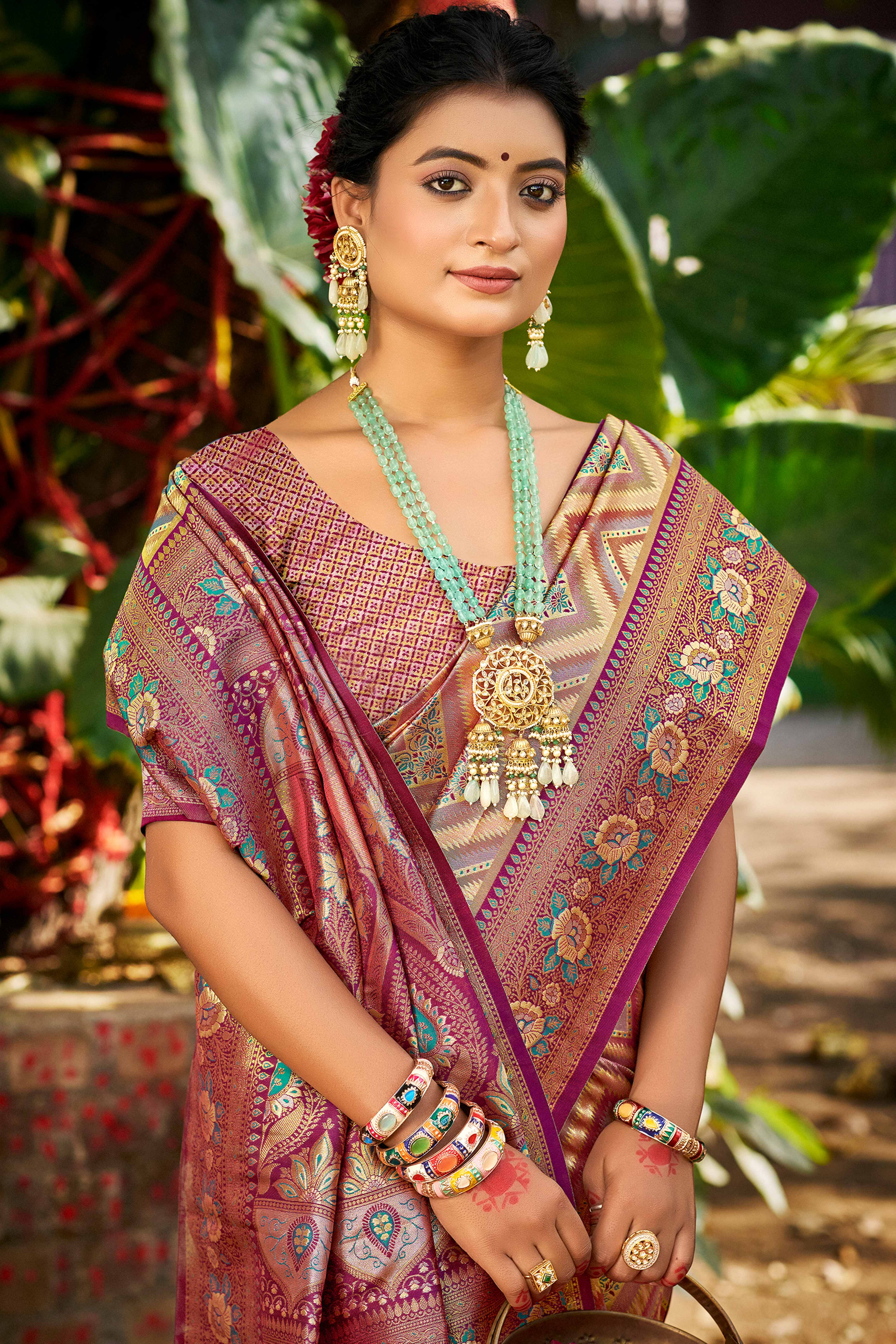 Purple Silk Blend Dharmavaram Saree Featuring Floral & Zig Zag Woven Patterns With Tassel Finish