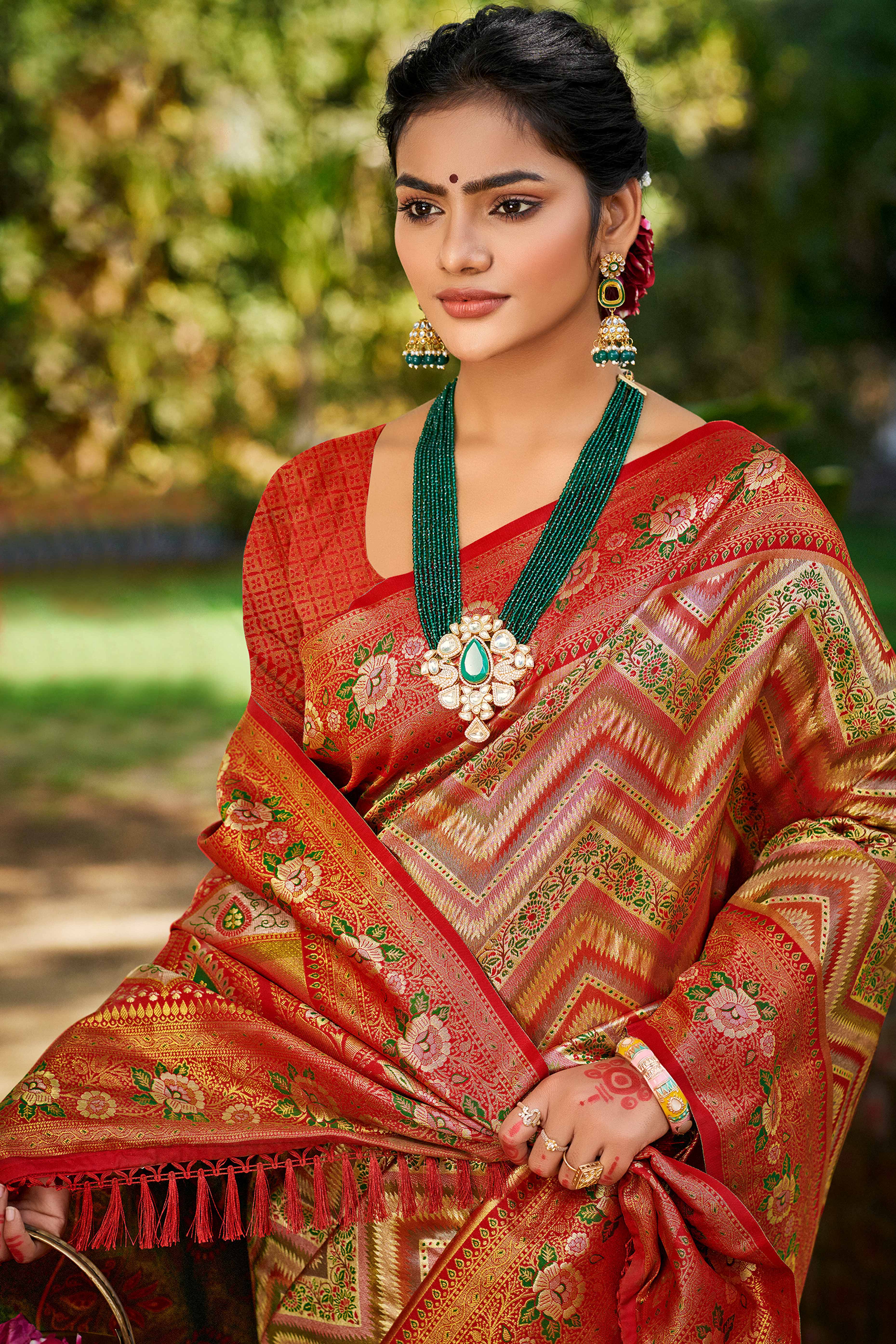 Red Silk Blend Dharmavaram Saree Featuring Floral & Zig Zag Woven Patterns With Tassel Finish