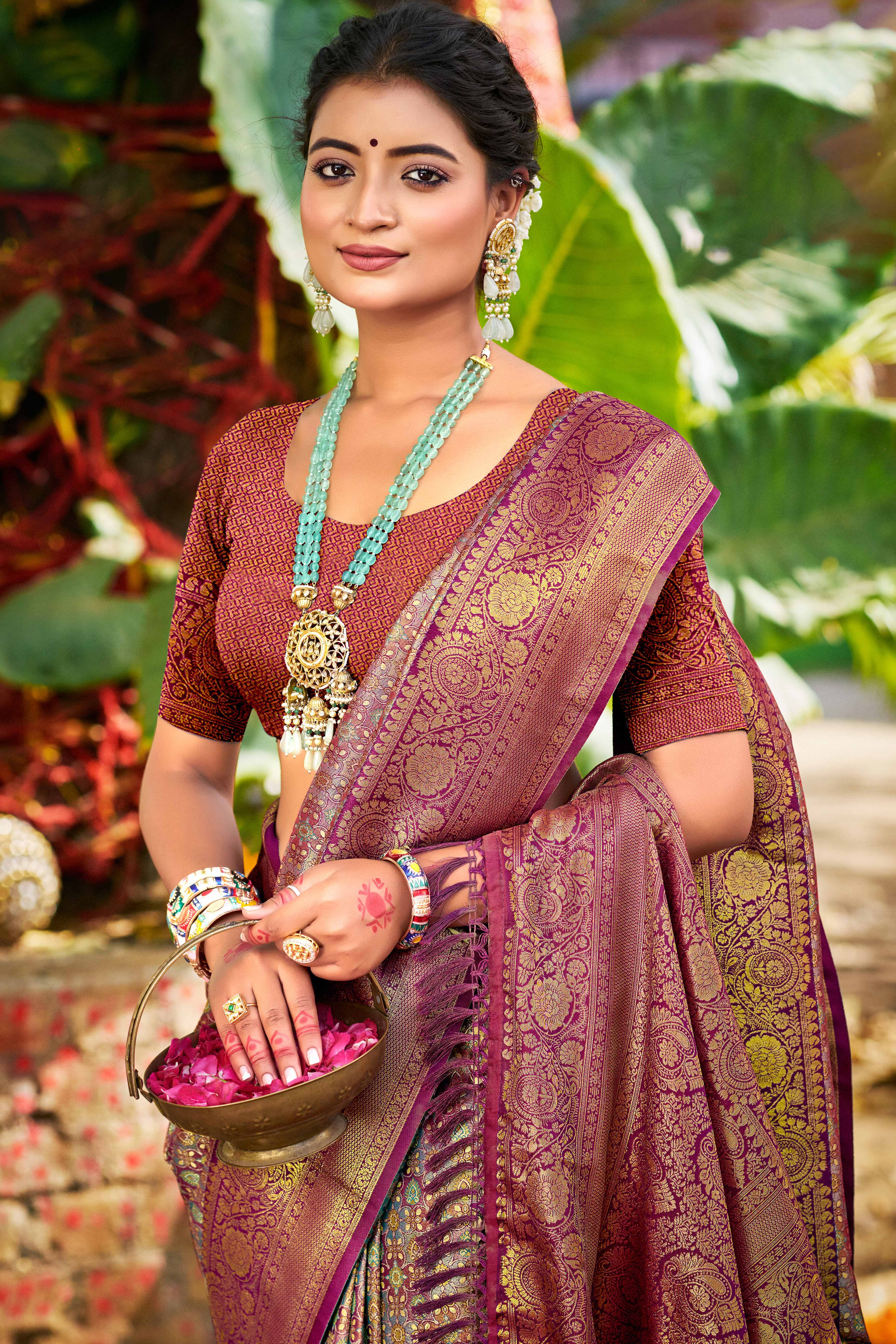 Wine Traditional Silk Blend Dharmavaram Saree With Floral Weaves & Tassels Pallu