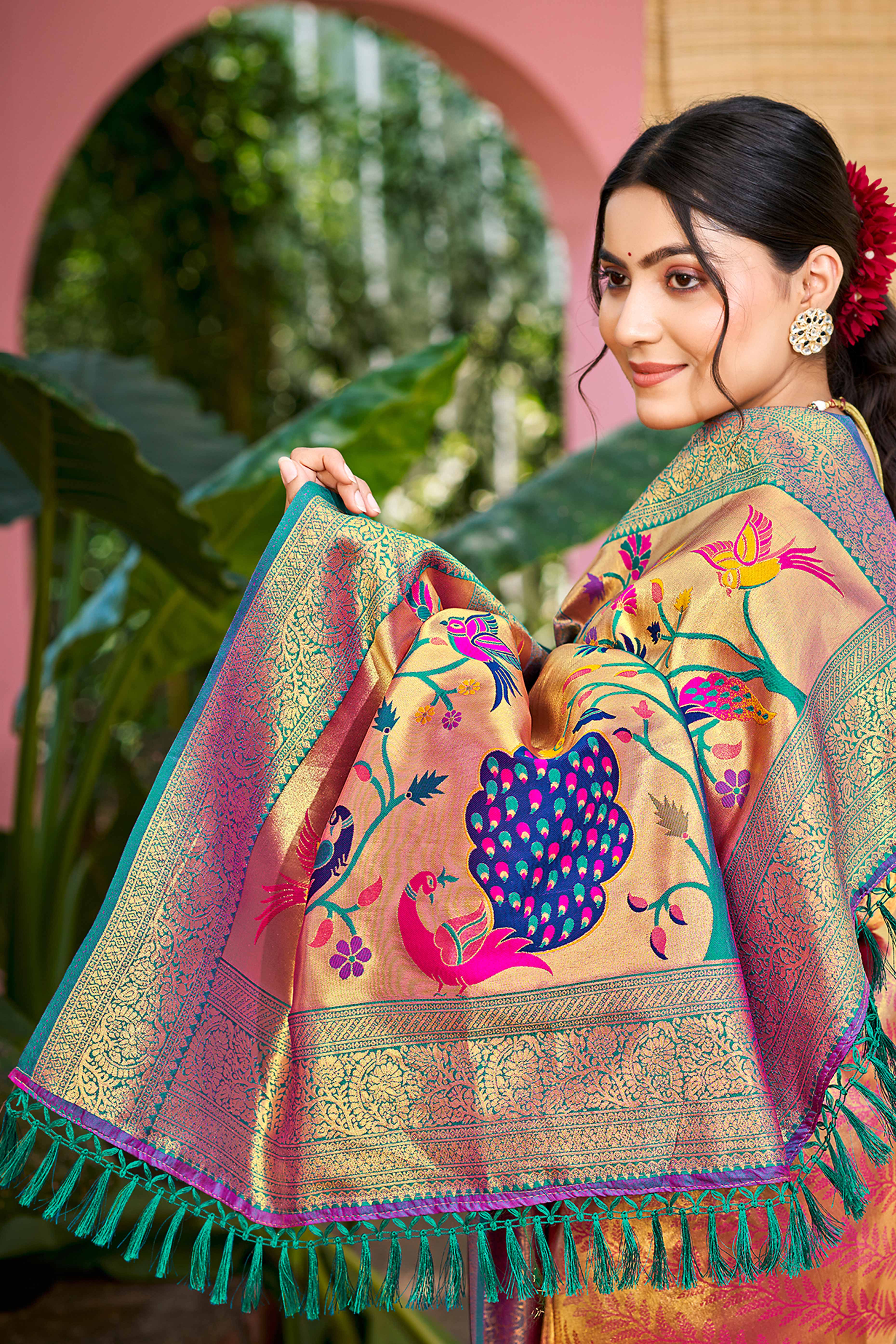 Rani Pink Kanjivaram Silk Paithani Saree With Exquisite Floral Woven Detailing