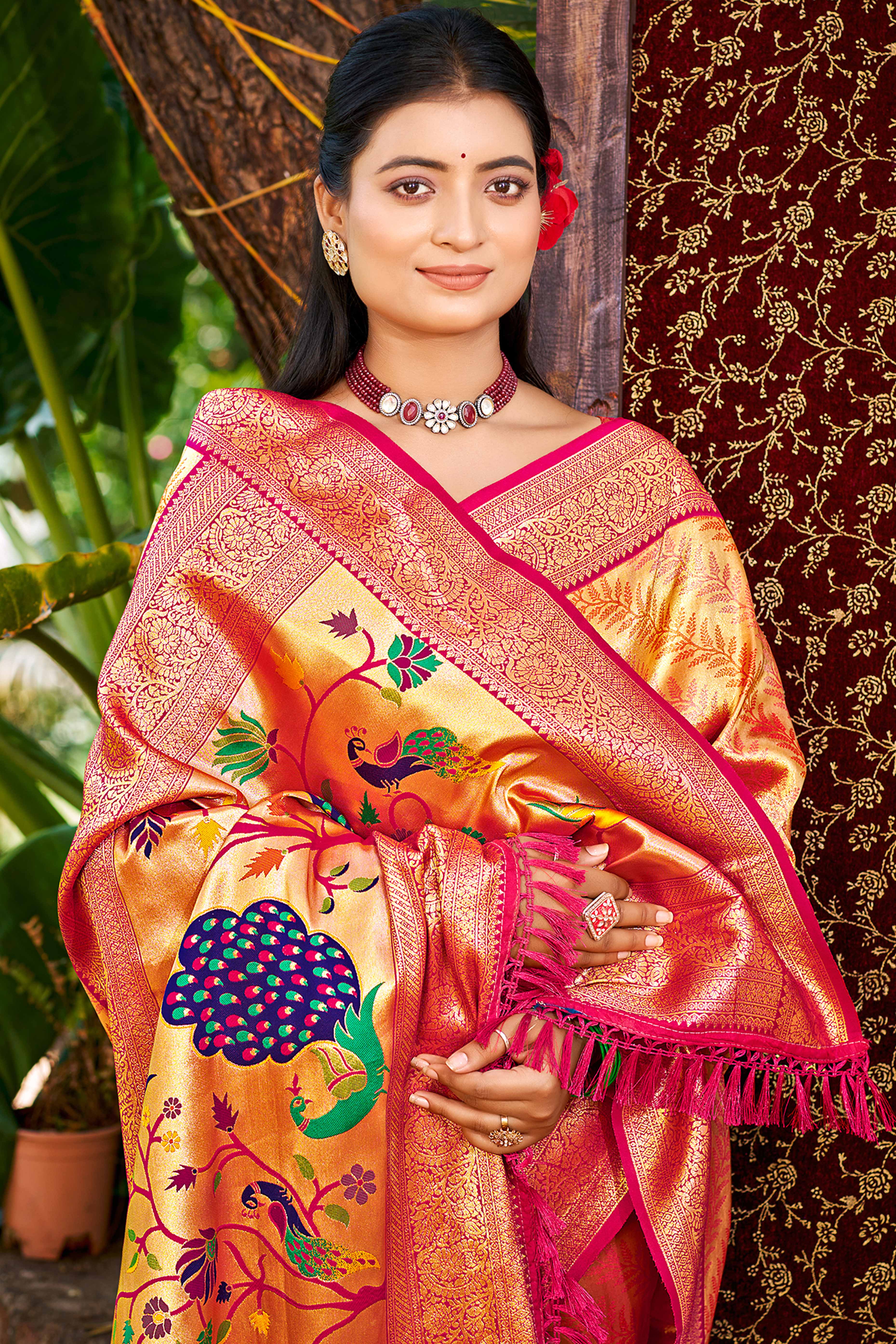 Orange Kanjivaram Silk Paithani Saree With Exquisite Floral Woven Detailing