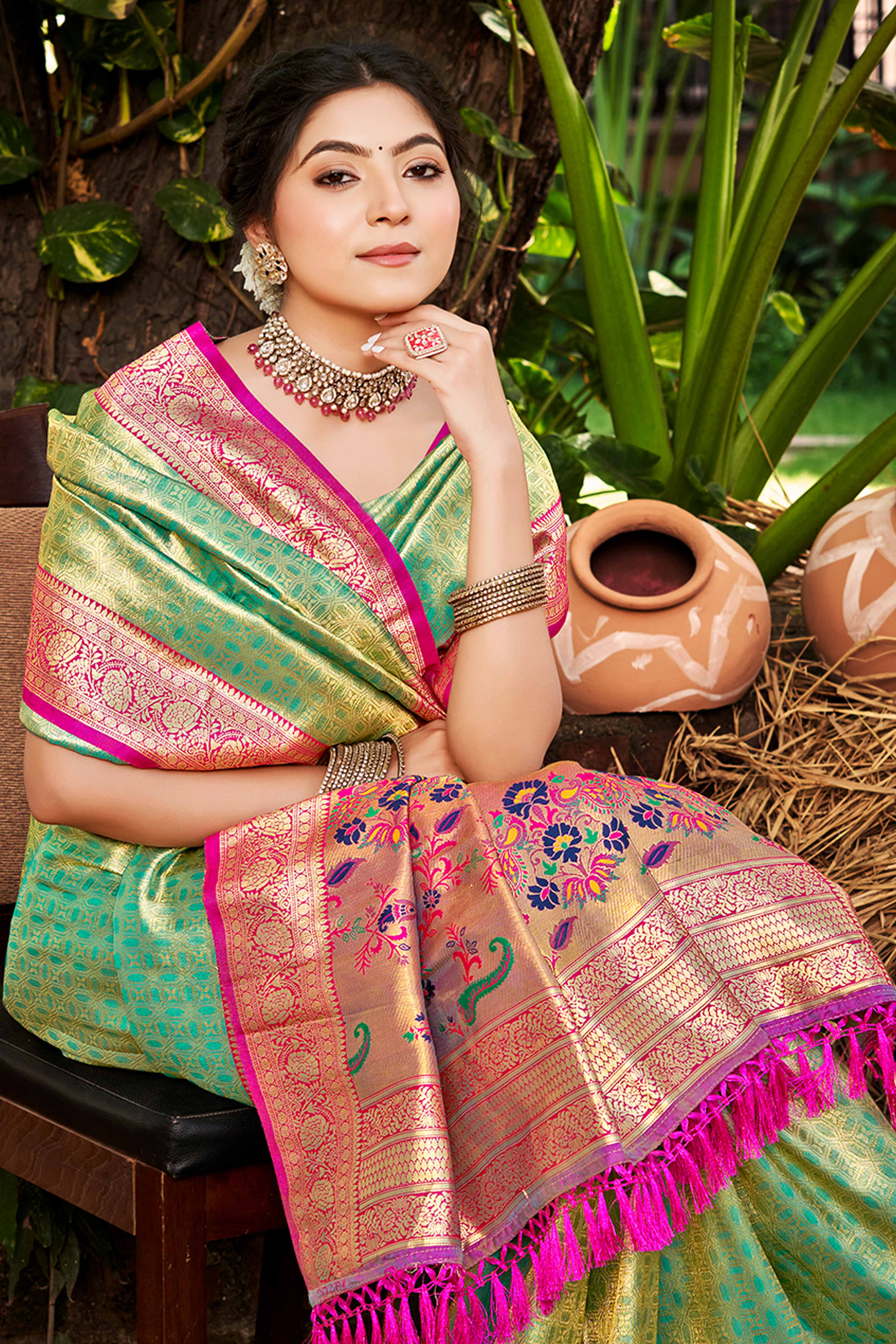 Rama Green Paithani Saree In Kanjivaram Silk Adorned With Intricate Floral Weaving