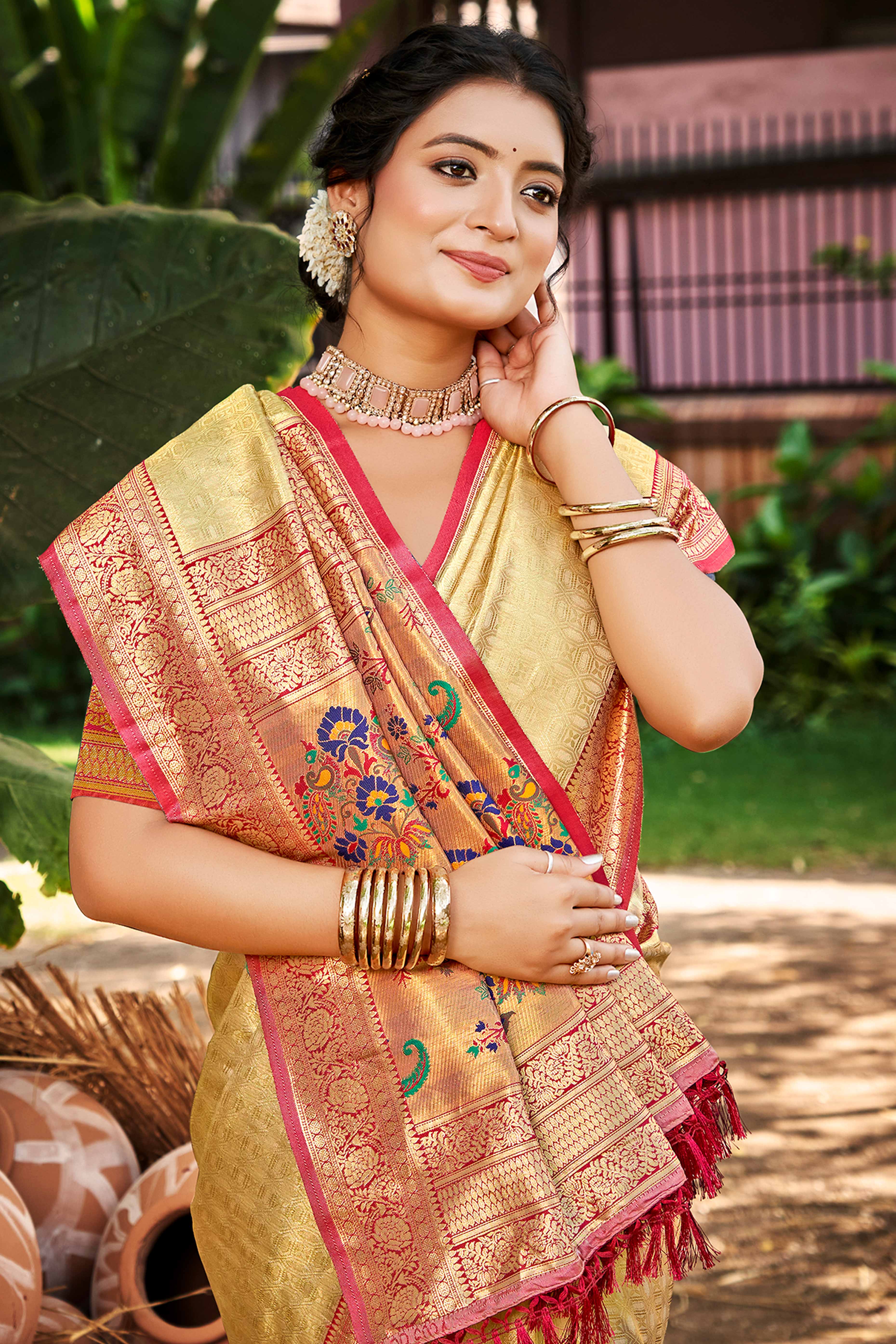 Golden Paithani Saree In Kanjivaram Silk Adorned With Intricate Floral Weaving