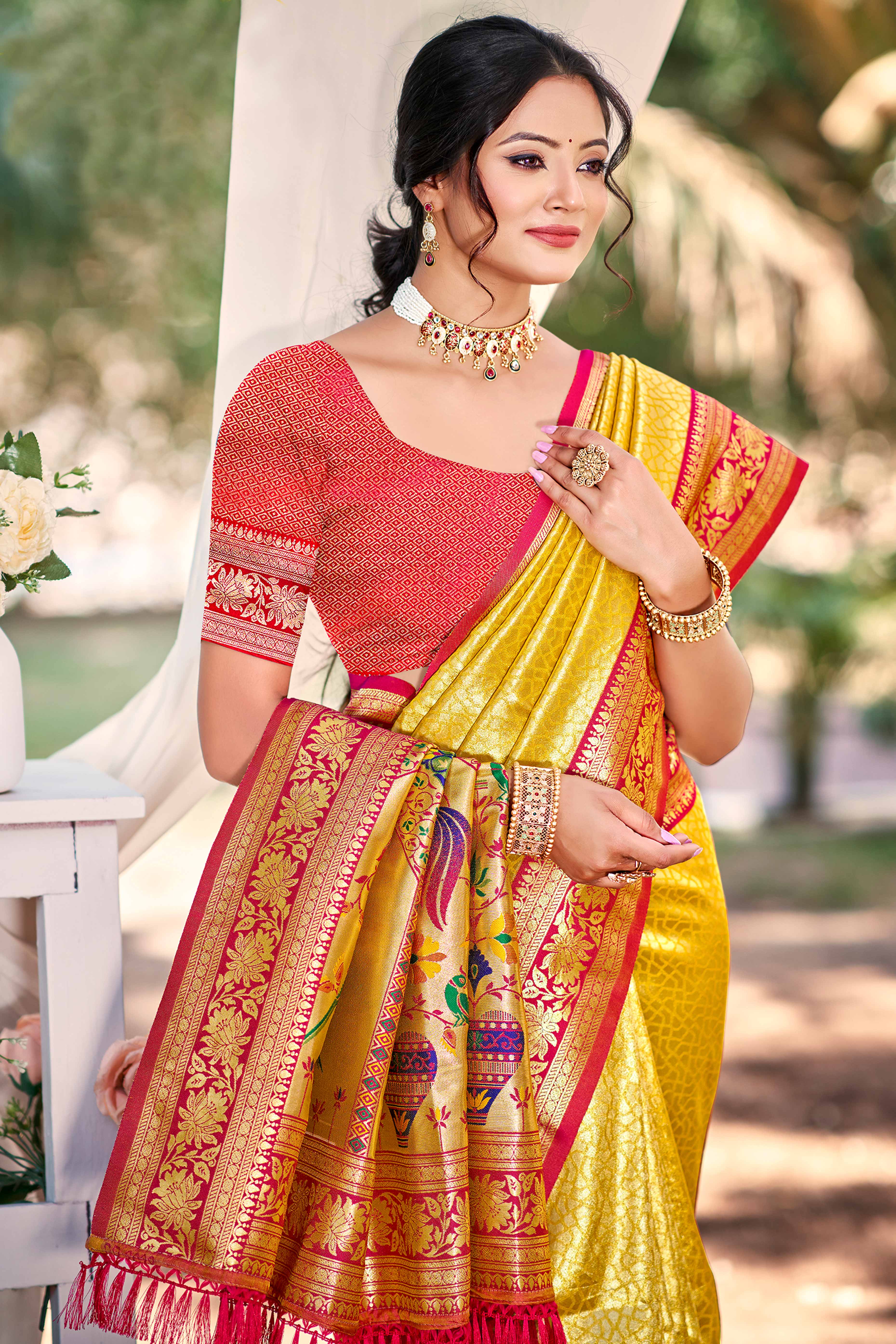 Mustard Kanjivaram Silk Paithani Saree With Elegant Floral Weaving & Tassel Pallu