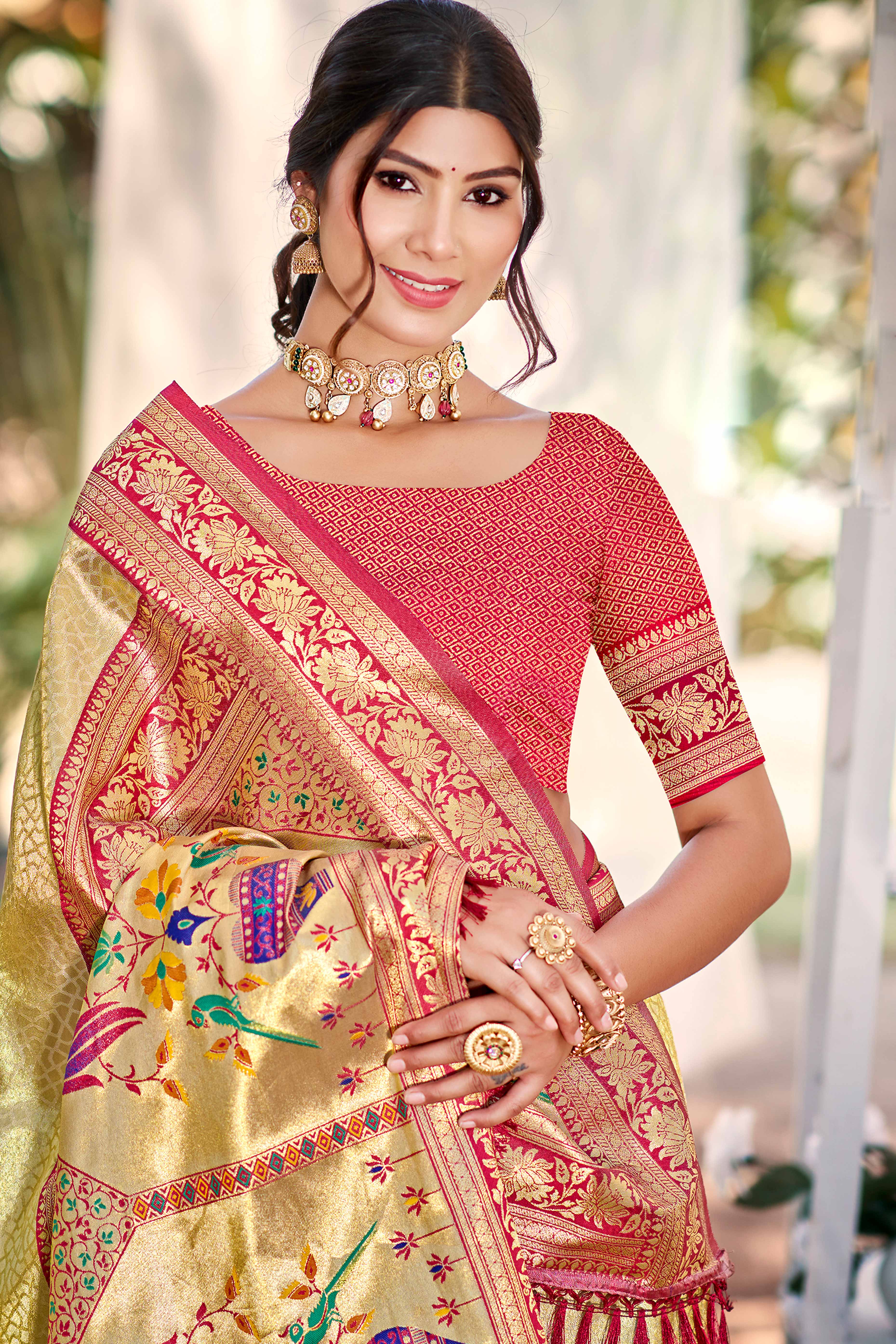 Golden Kanjivaram Silk Paithani Saree With Elegant Floral Weaving & Tassel Pallu