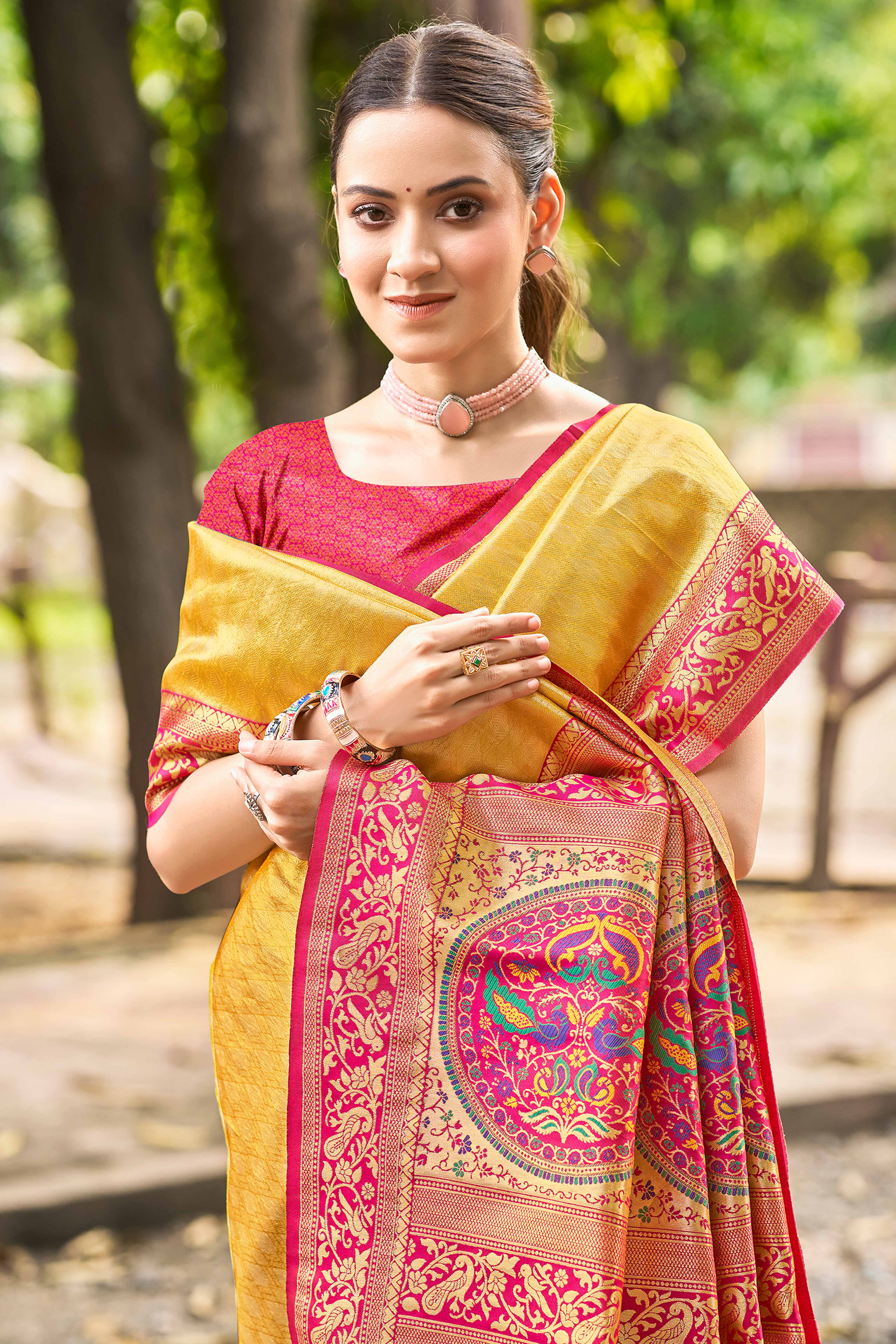 Mustard Floral Woven Paithani Saree In Kanjivaram Silk With Graceful Tassel Pallu