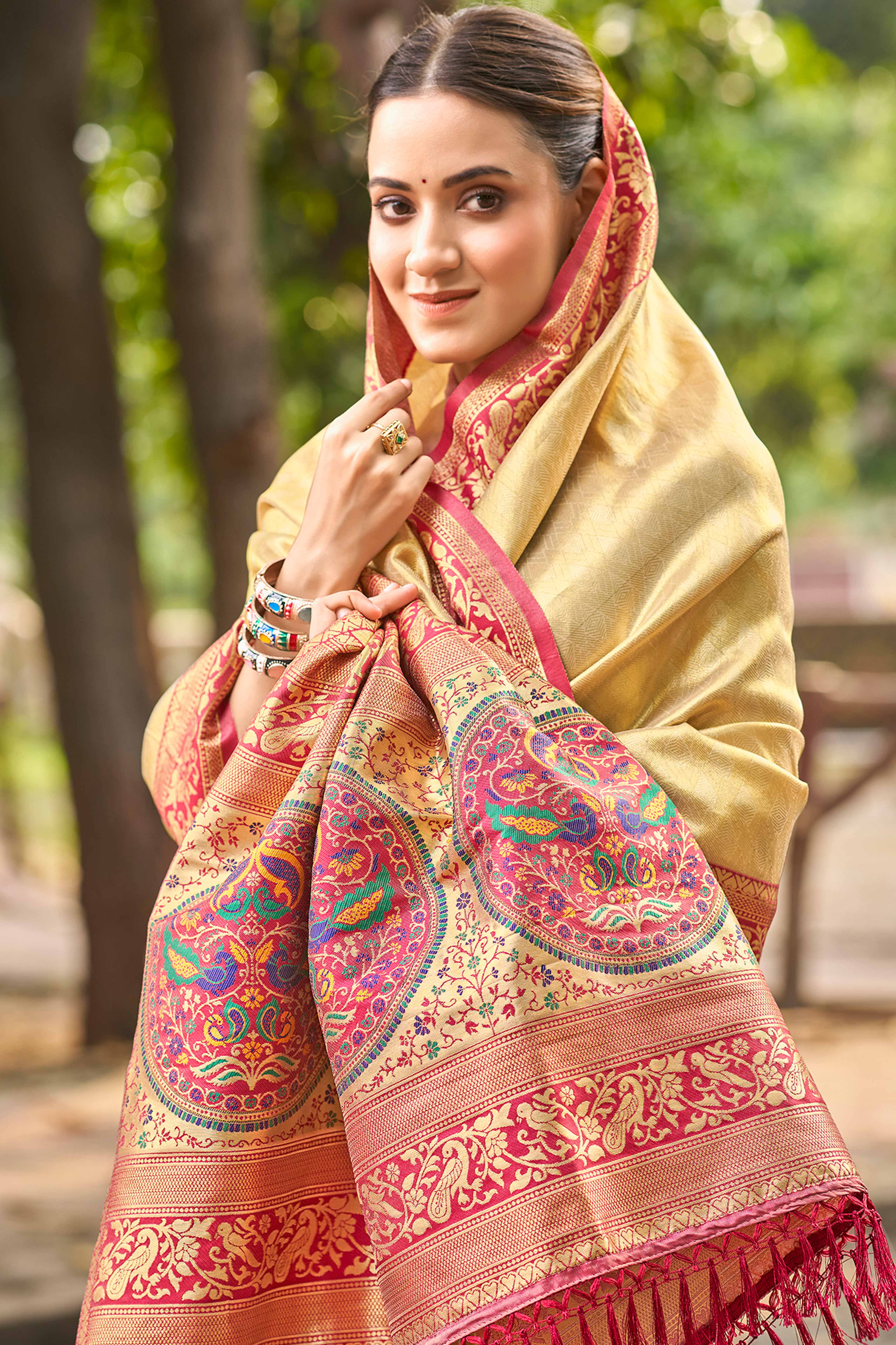 Chikoo Floral Woven Paithani Saree In Kanjivaram Silk With Graceful Tassel Pallu