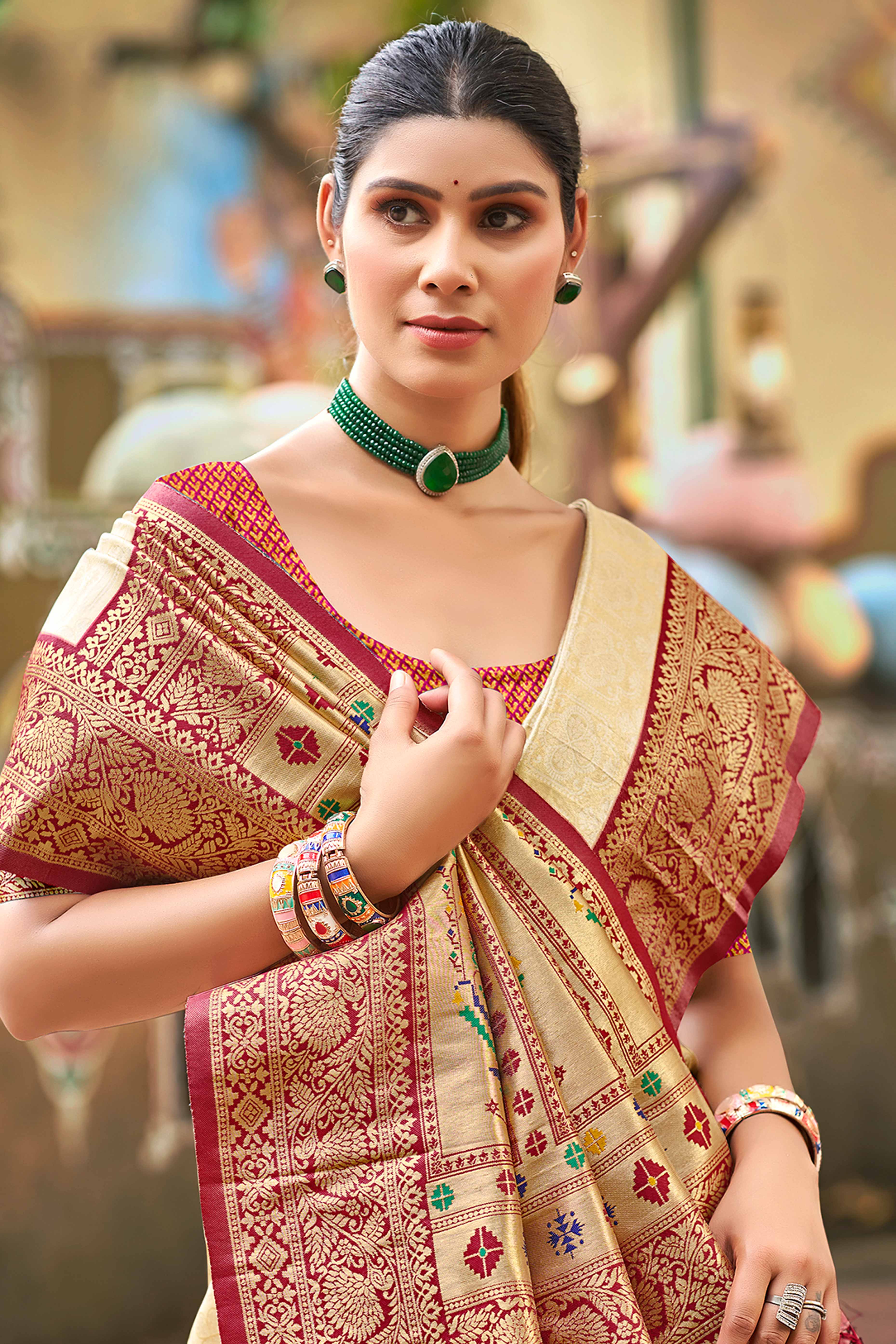 Chikoo Paithani Saree In Kanjivaram Silk Featuring Floral Woven Motifs & Tassel Pallu