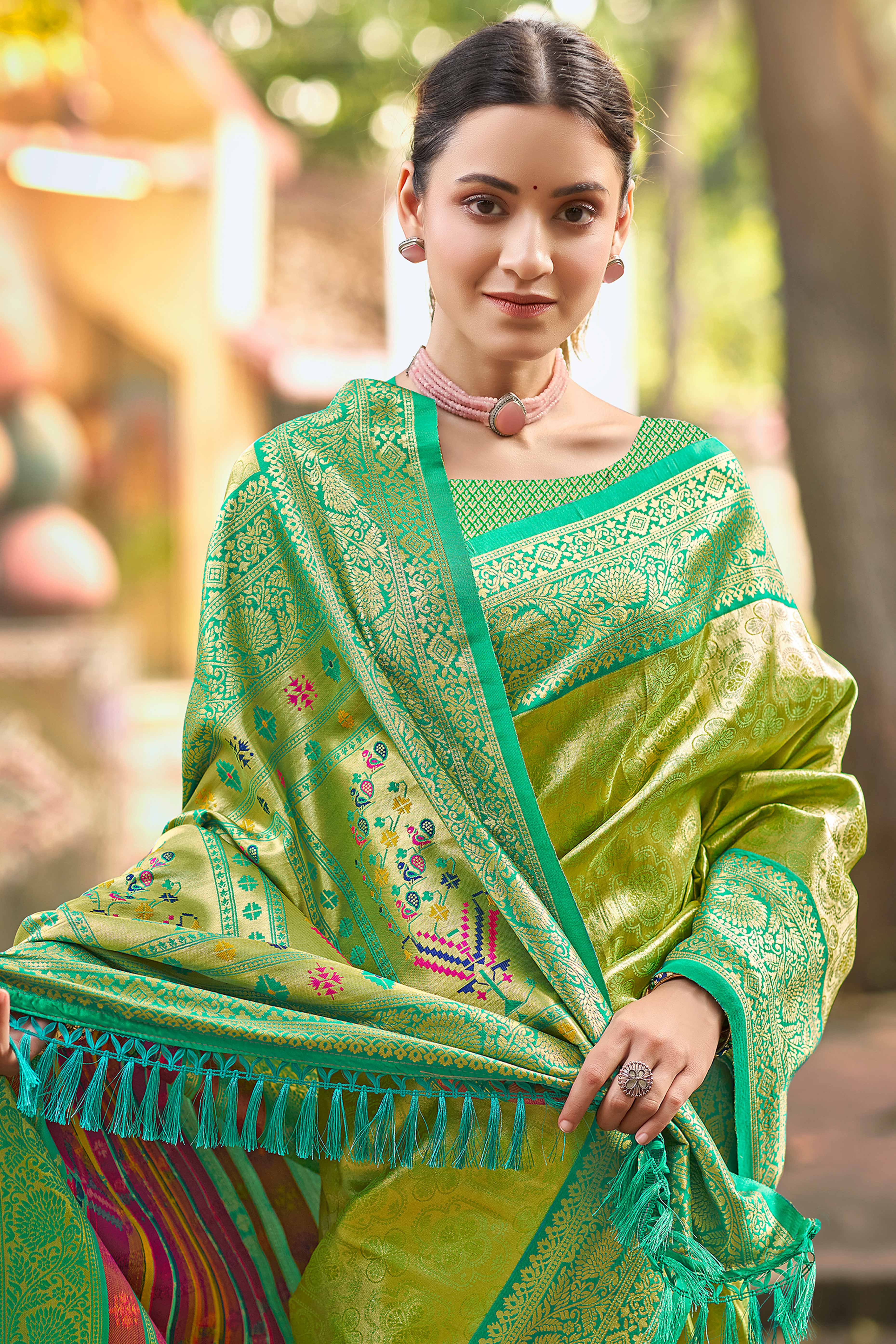 Green Paithani Saree In Kanjivaram Silk Featuring Floral Woven Motifs & Tassel Pallu