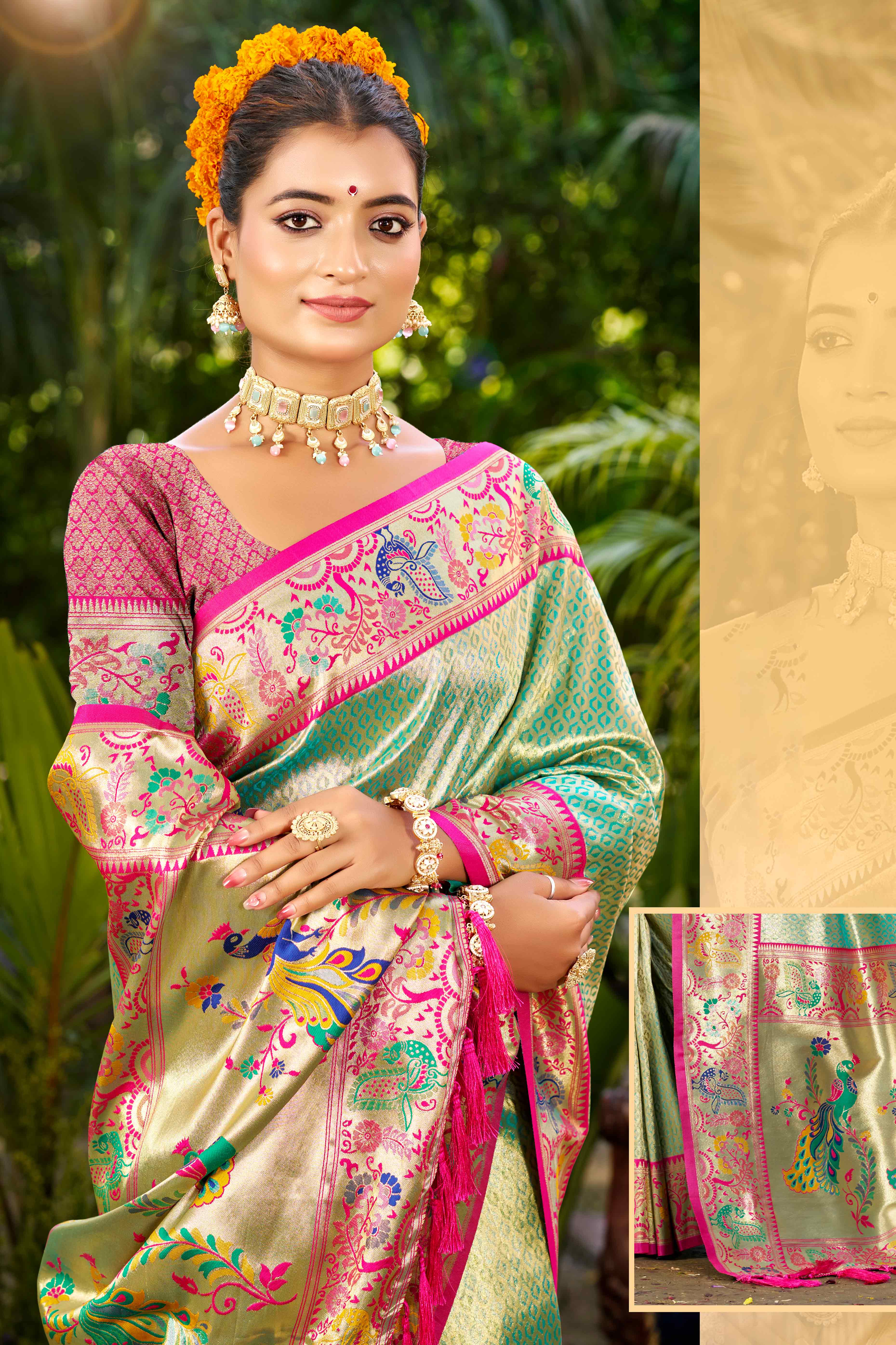 Graceful Turquoise Silk Blend Saree Adorned With Intricate Zari Weave & Peacock Motif Pallu