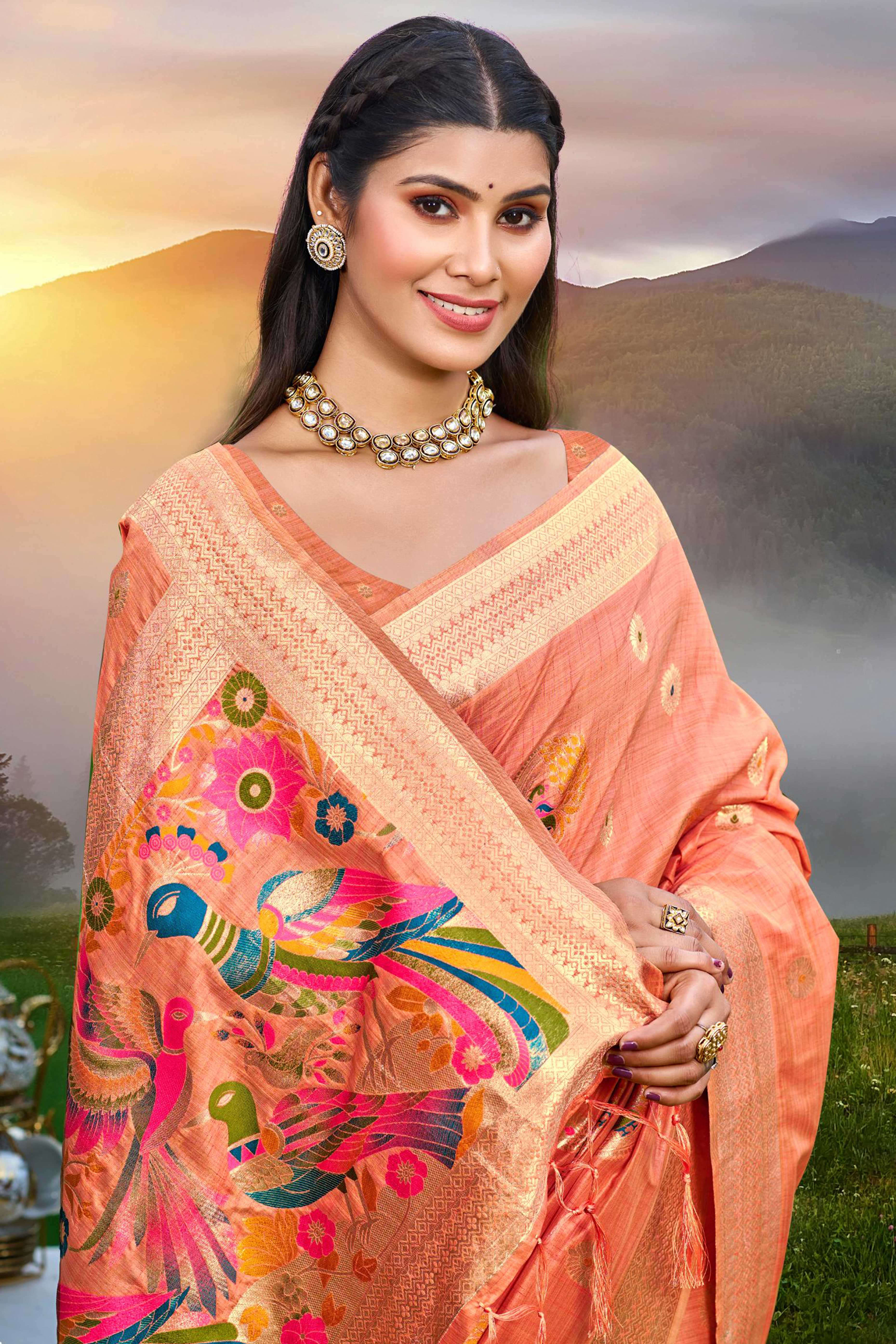Designer Light Orange Assam Silk Blend Saree Adorned With Peacock Zari Weaving & Tassel Pallu