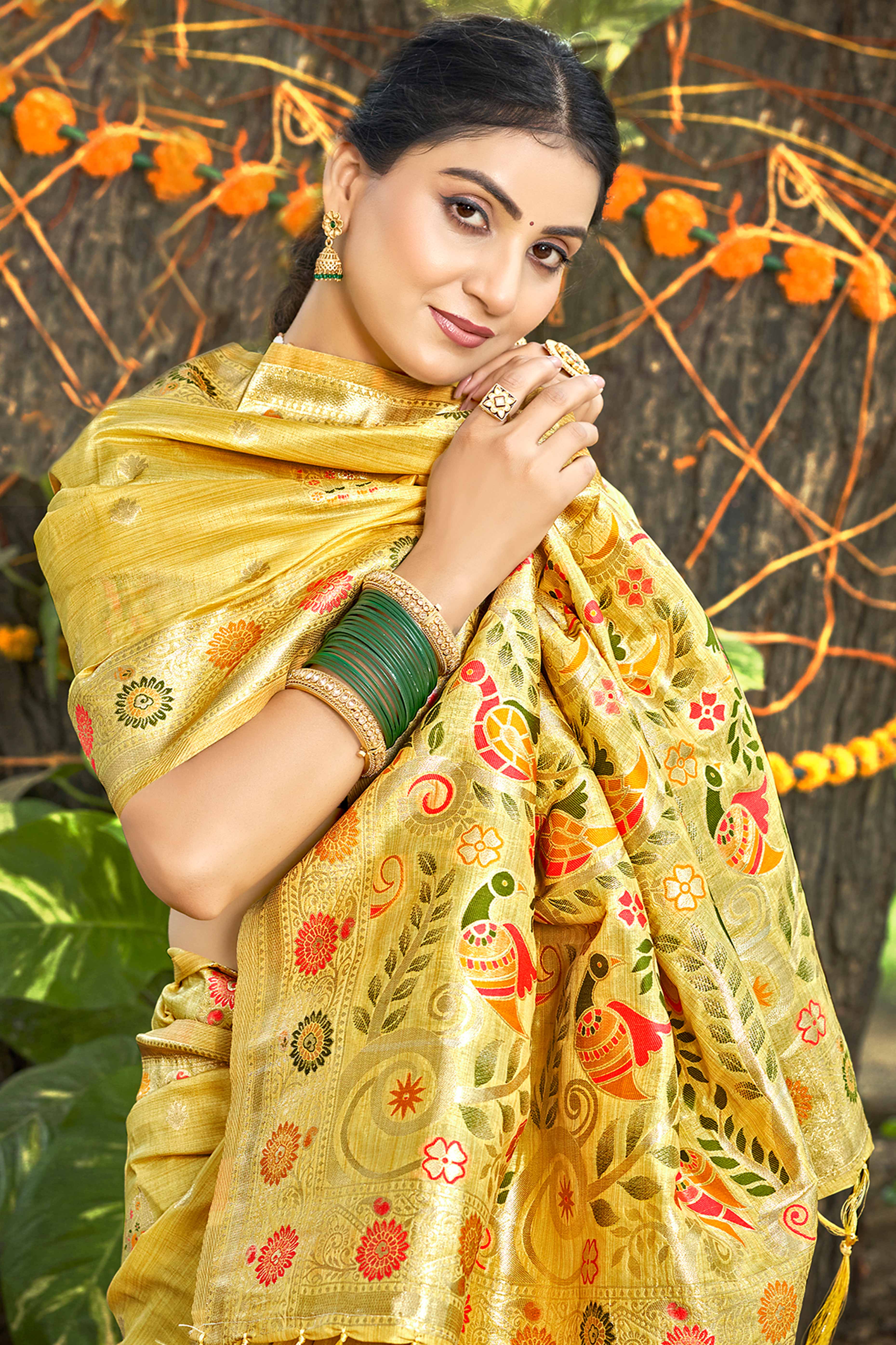 Mustard Assam Silk Blend Saree Featuring Intricate Floral Zari Weaving With Tassel Pallu