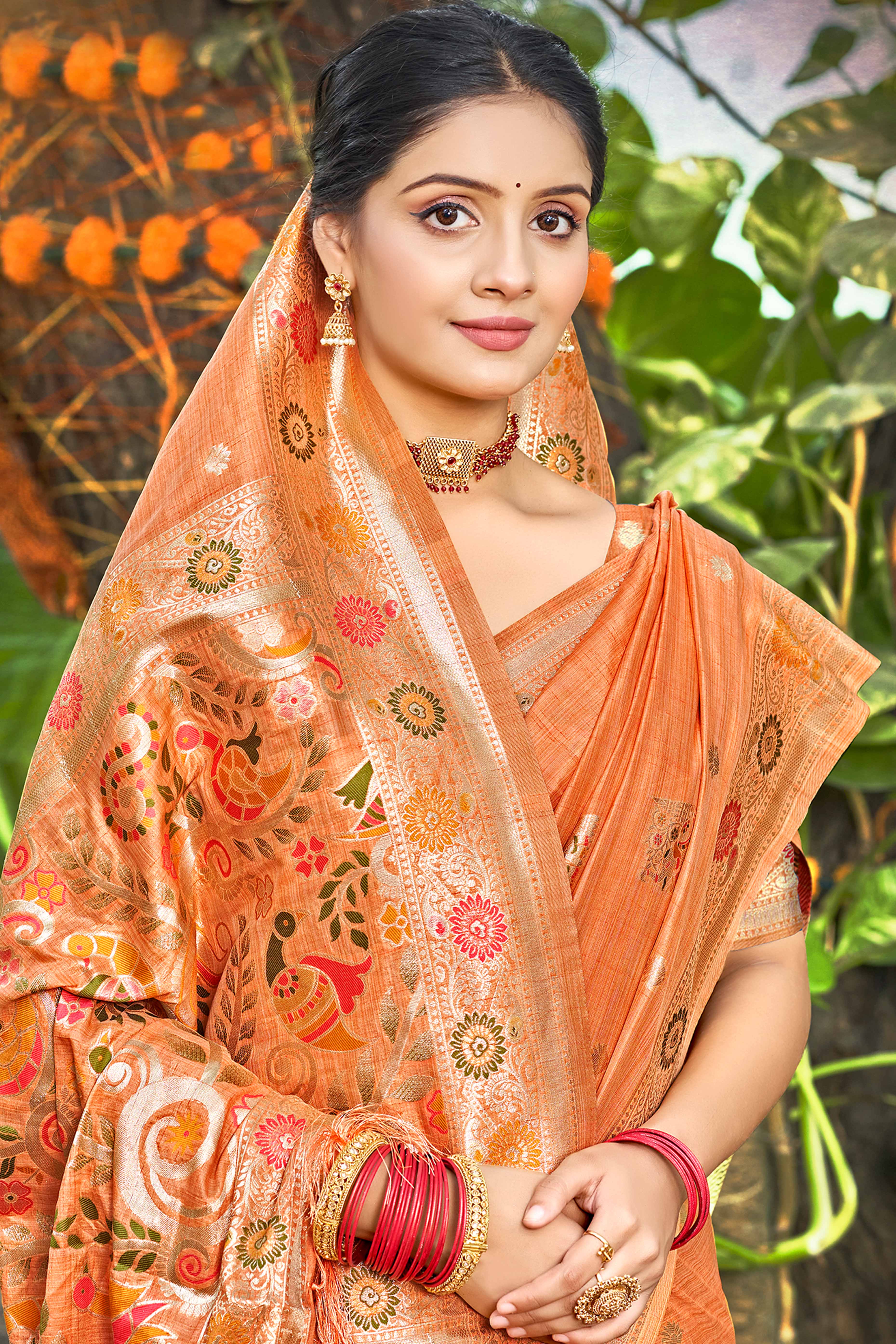 Orange Assam Silk Blend Saree Featuring Intricate Floral Zari Weaving With Tassel Pallu