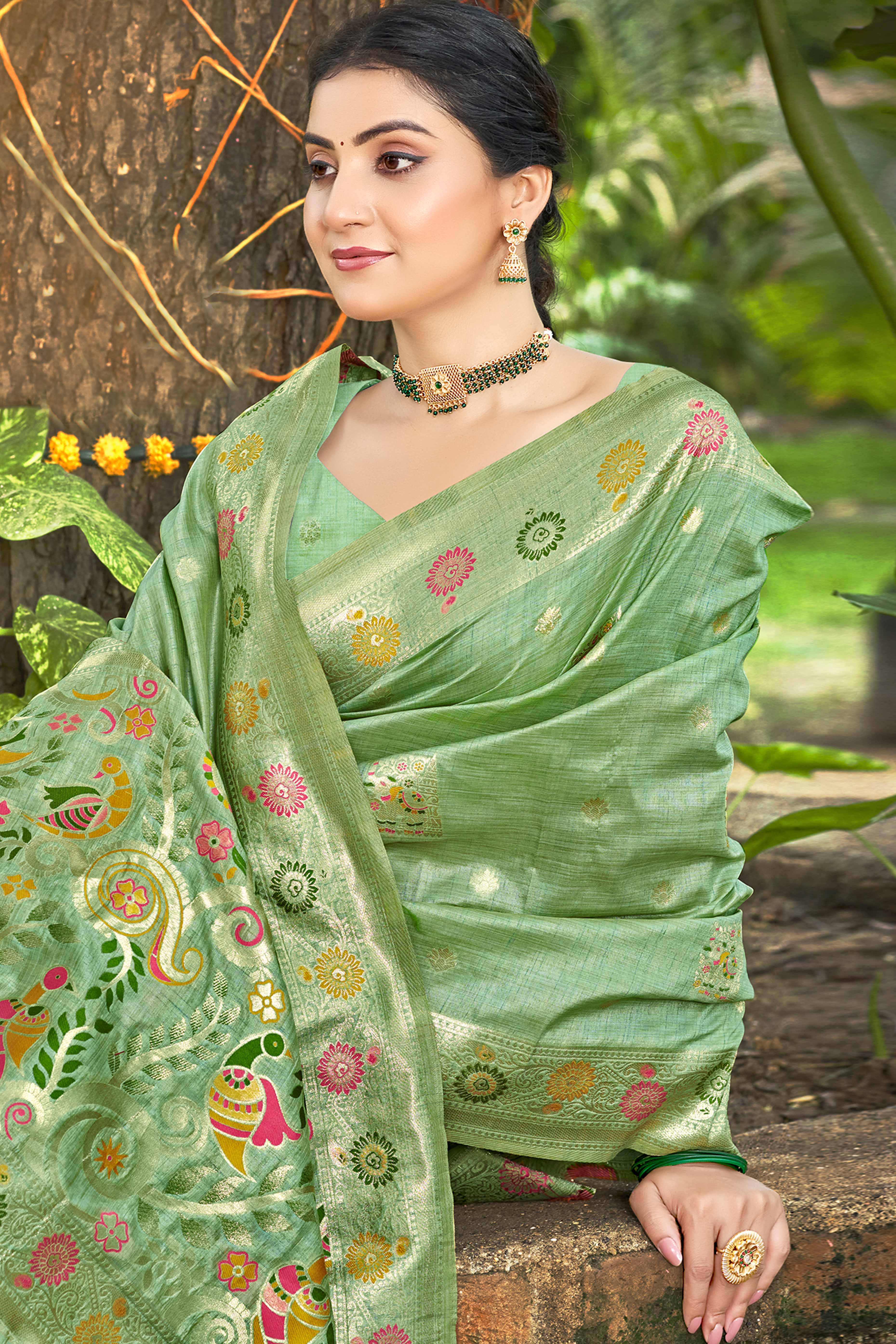 Green Assam Silk Blend Saree Featuring Intricate Floral Zari Weaving With Tassel Pallu