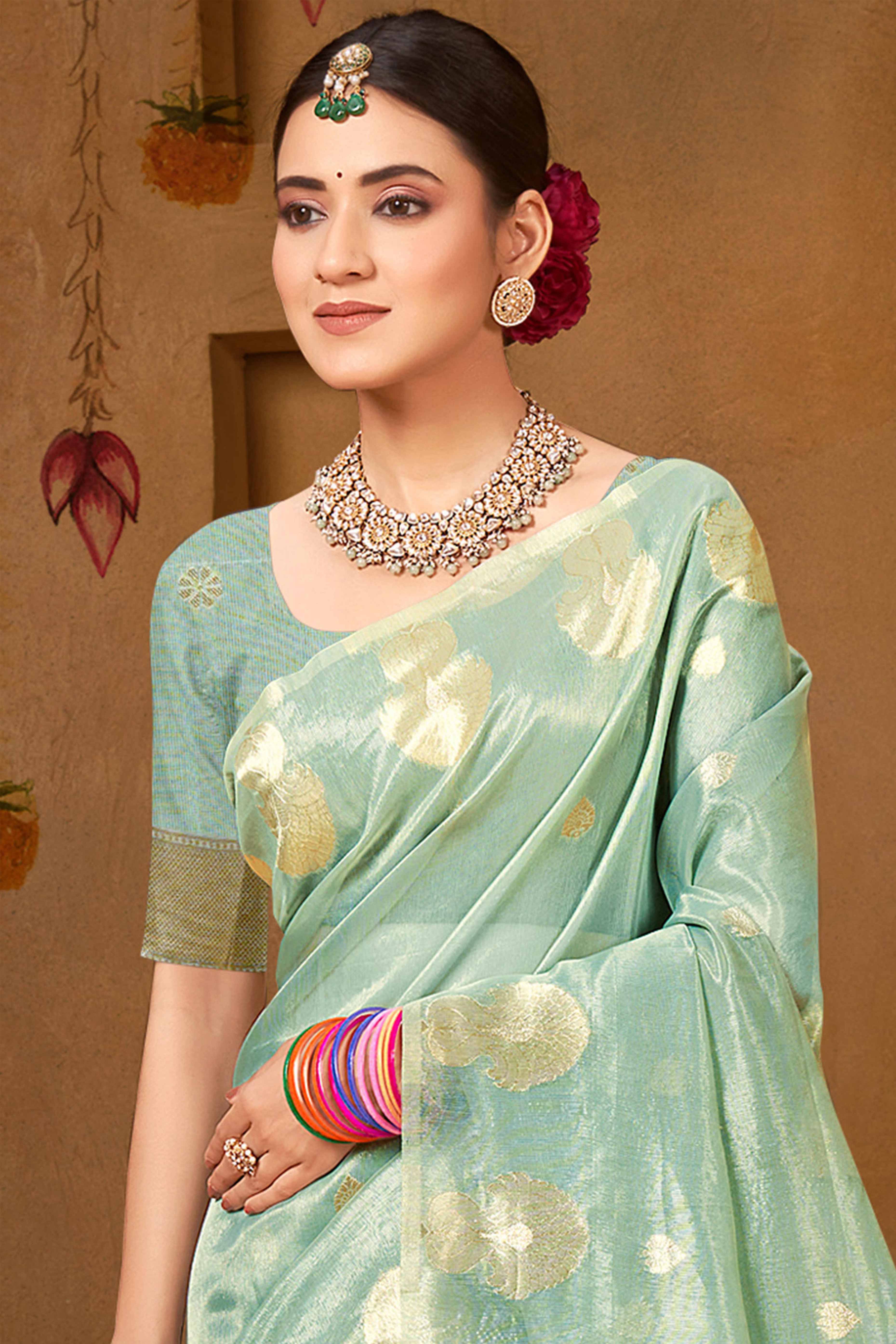 Sea Green Saree in Munga Kota Doria with Traditional Zari Weaving