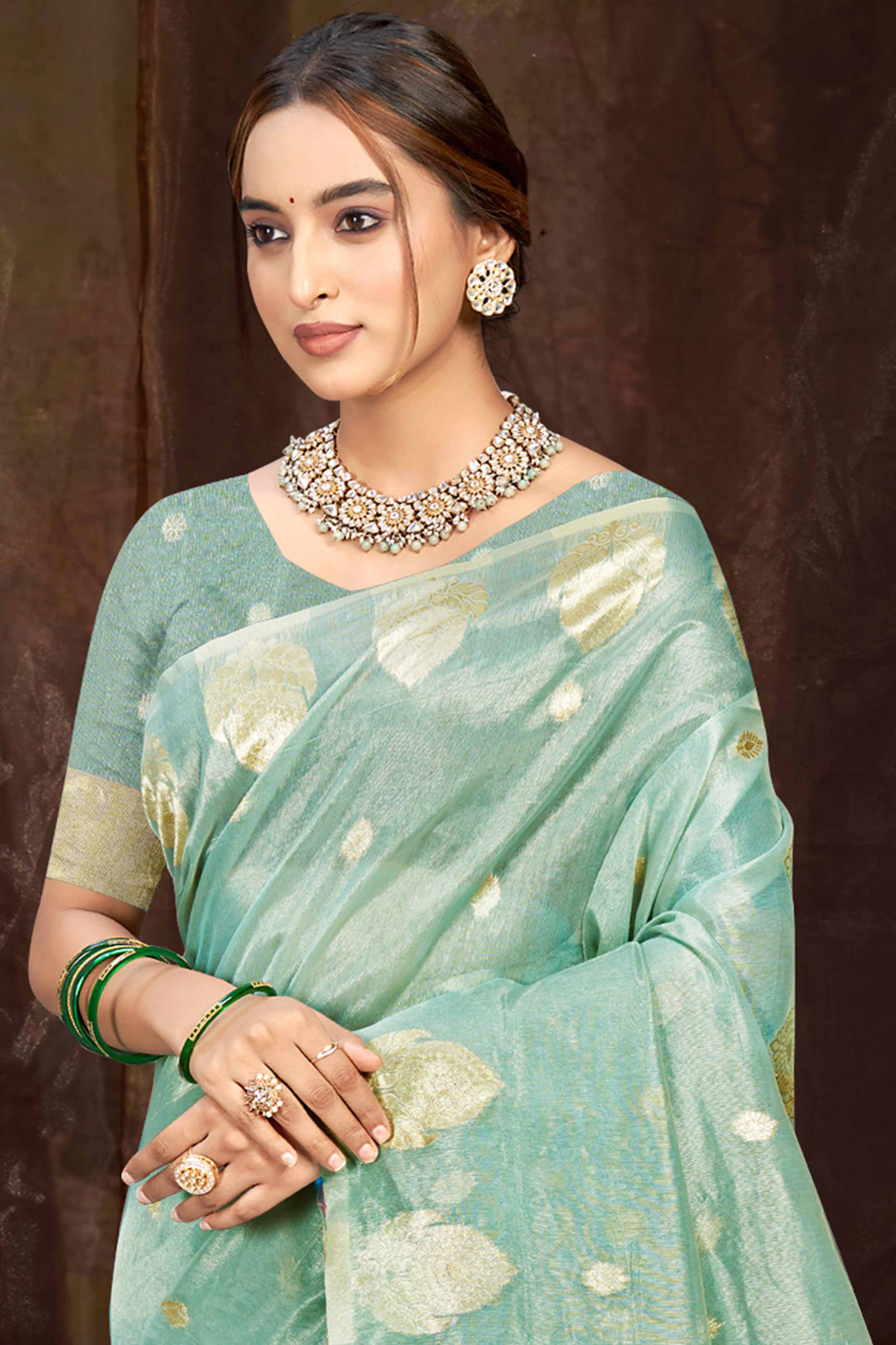 Sea Green Kota Doria Saree with Munga Weave and Zari Accents