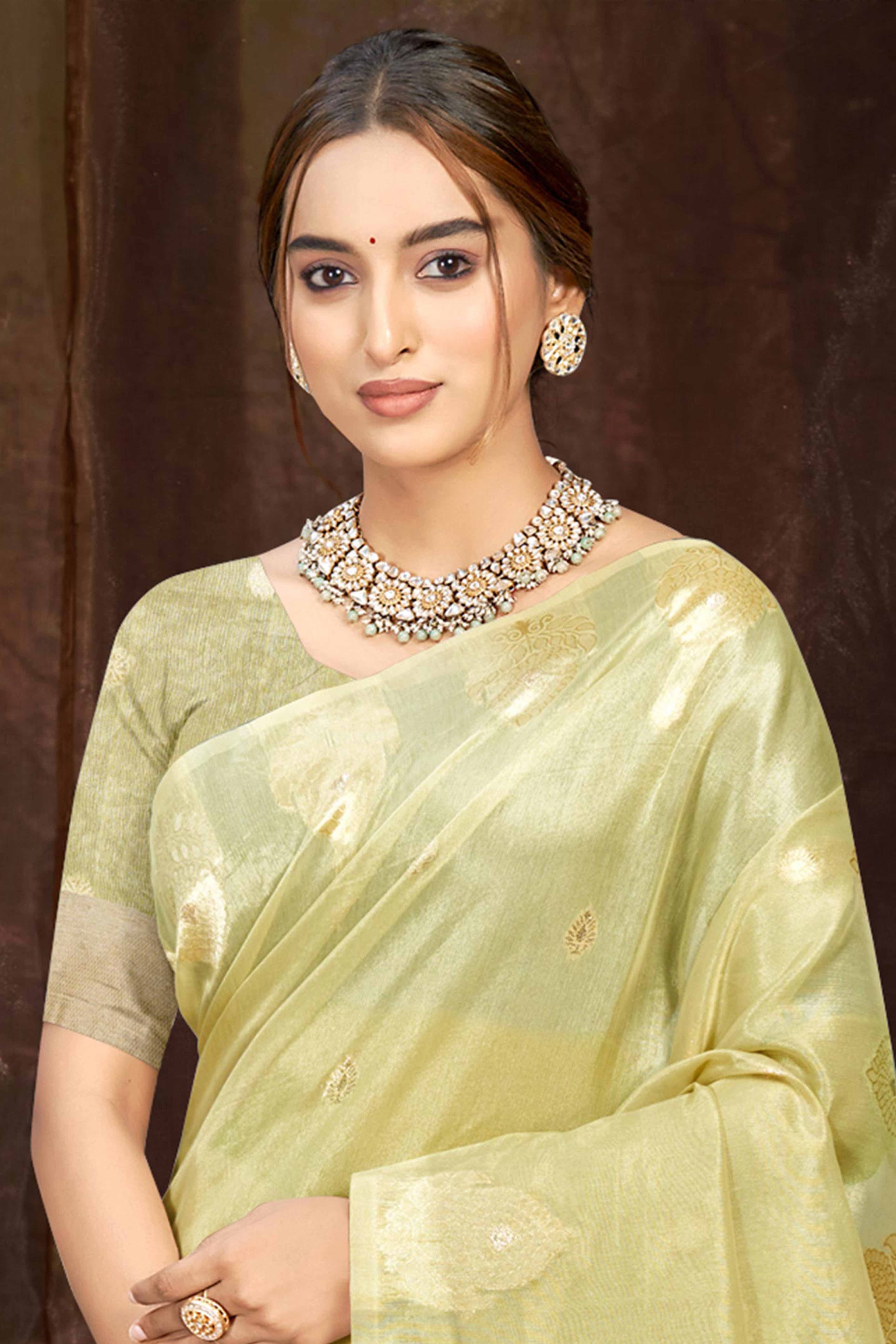 Olive Green Kota Doria Saree with Munga Weave and Zari Accents