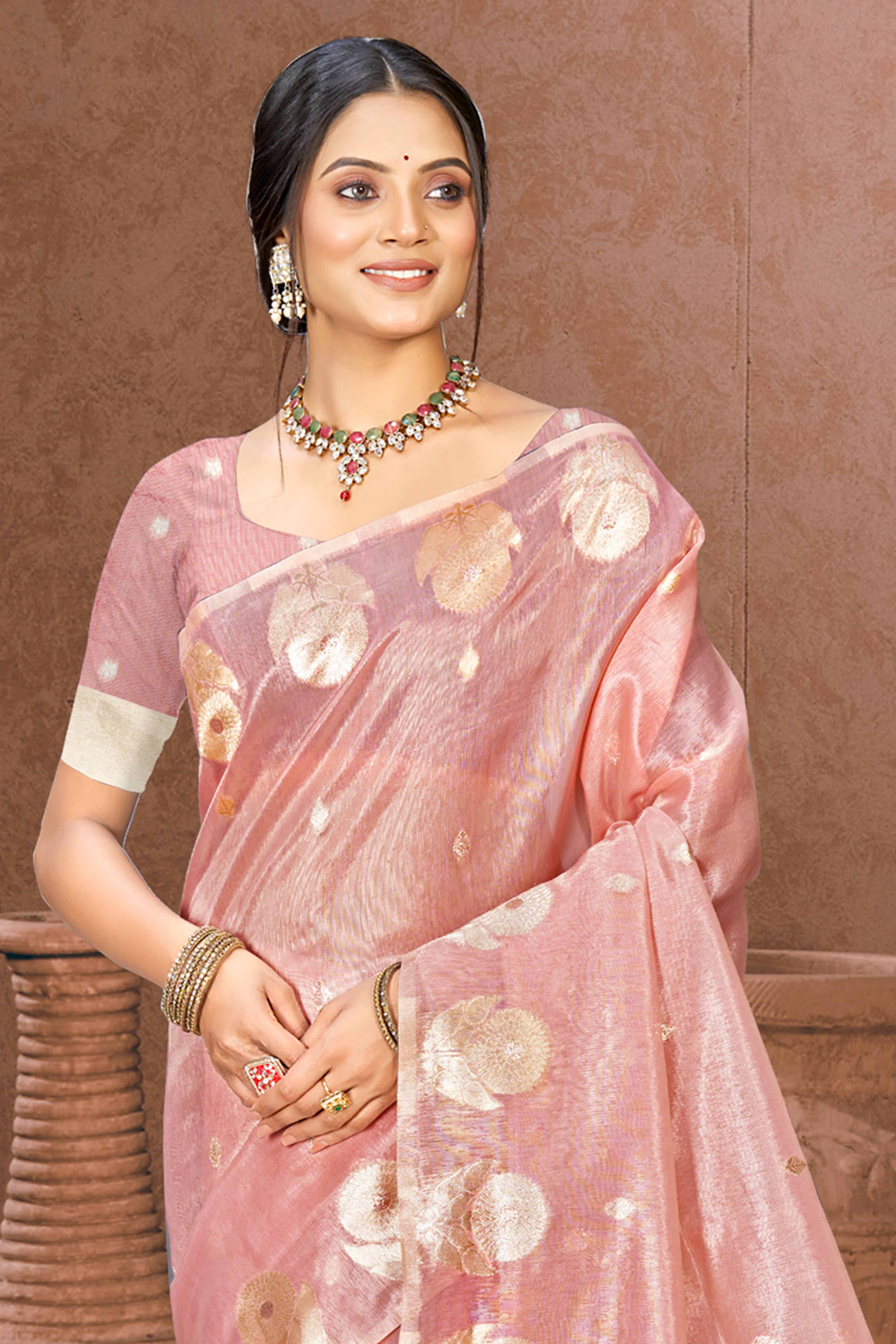 Pink Kota Doria Saree with Rich Traditional Zari Woven Borders