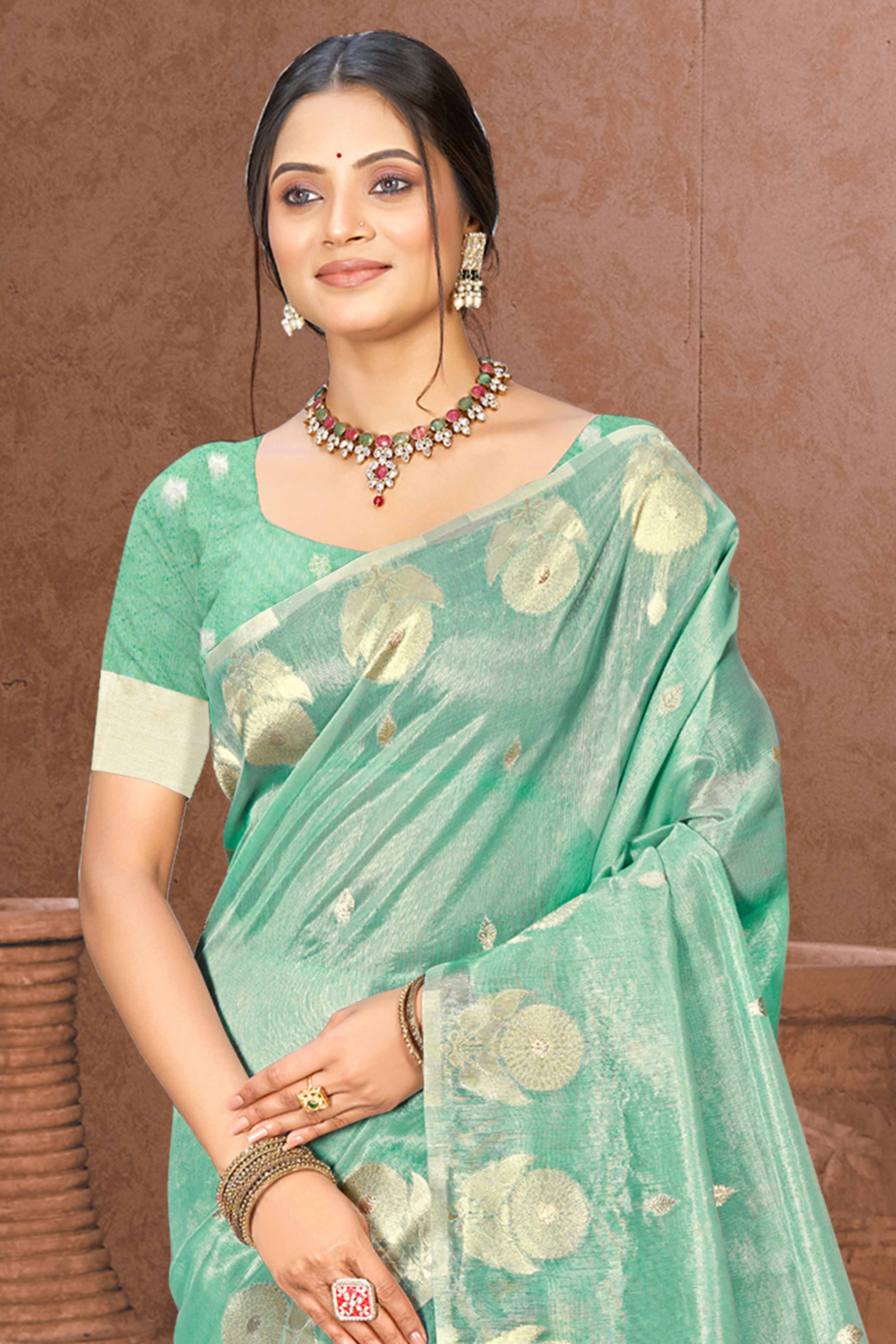 Sea Green Kota Doria Saree with Rich Traditional Zari Woven Borders