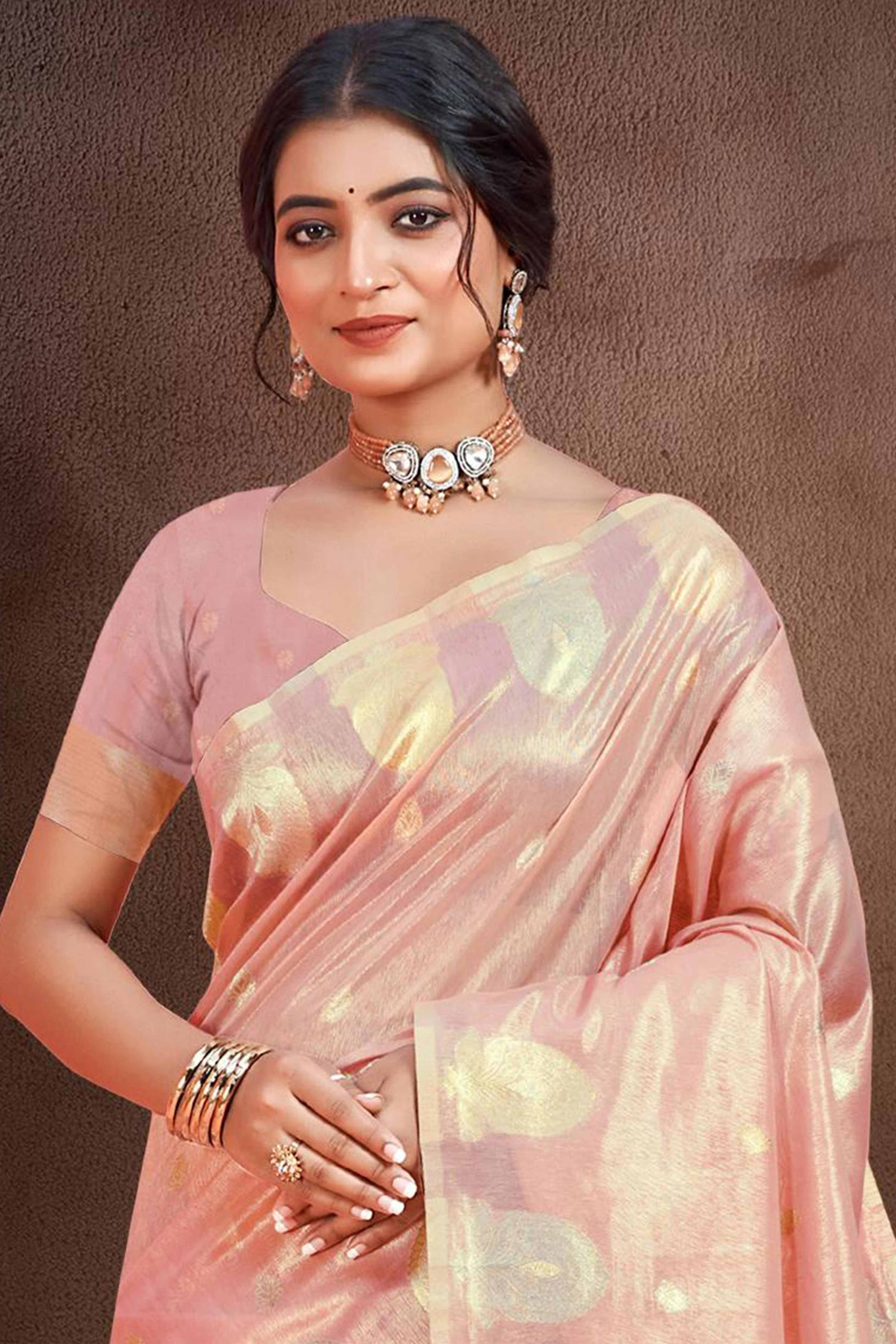 Peach Saree with Traditional Zari Detailing in Munga Kota Doria