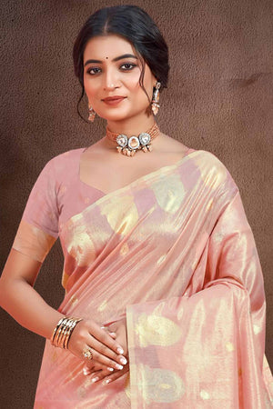 Peach Saree with Traditional Zari Detailing in Munga Kota Doria