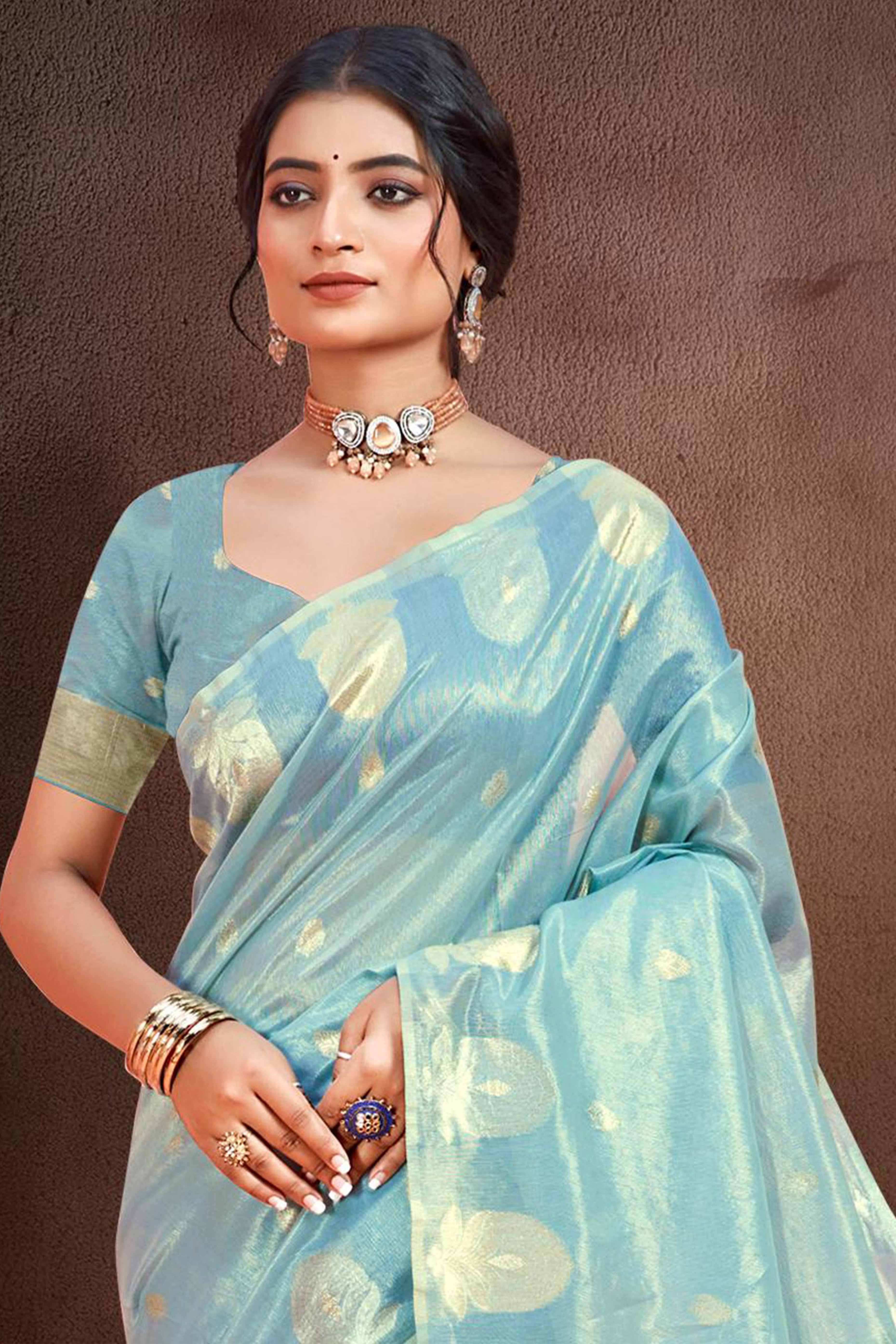 Sky Blue Saree with Traditional Zari Detailing in Munga Kota Doria