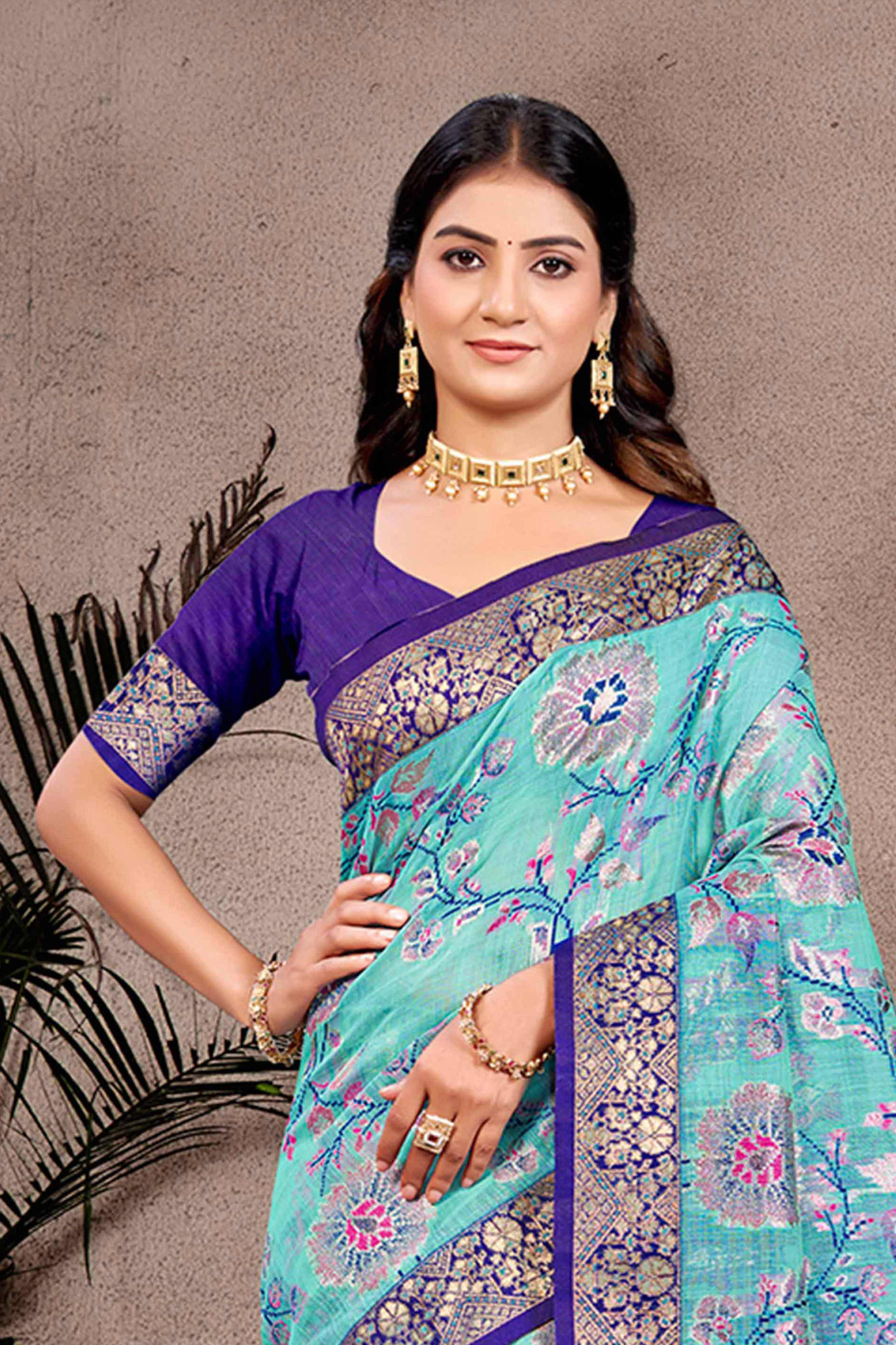 Opulent Blue Floral Zari Motif Weaving Cotton Silk Saree With Elegant Tassel Pallu