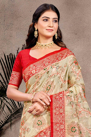 Opulent Beige Floral Zari Motif Weaving Cotton Silk Saree With Elegant Tassel Pallu