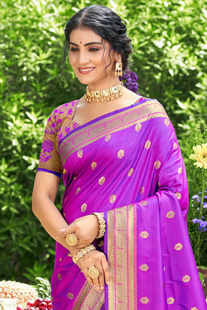 Purple Zari Weaving Silk Blend Saree Adorned With Intricate Peacock Motif Pallu & Graceful Tassel