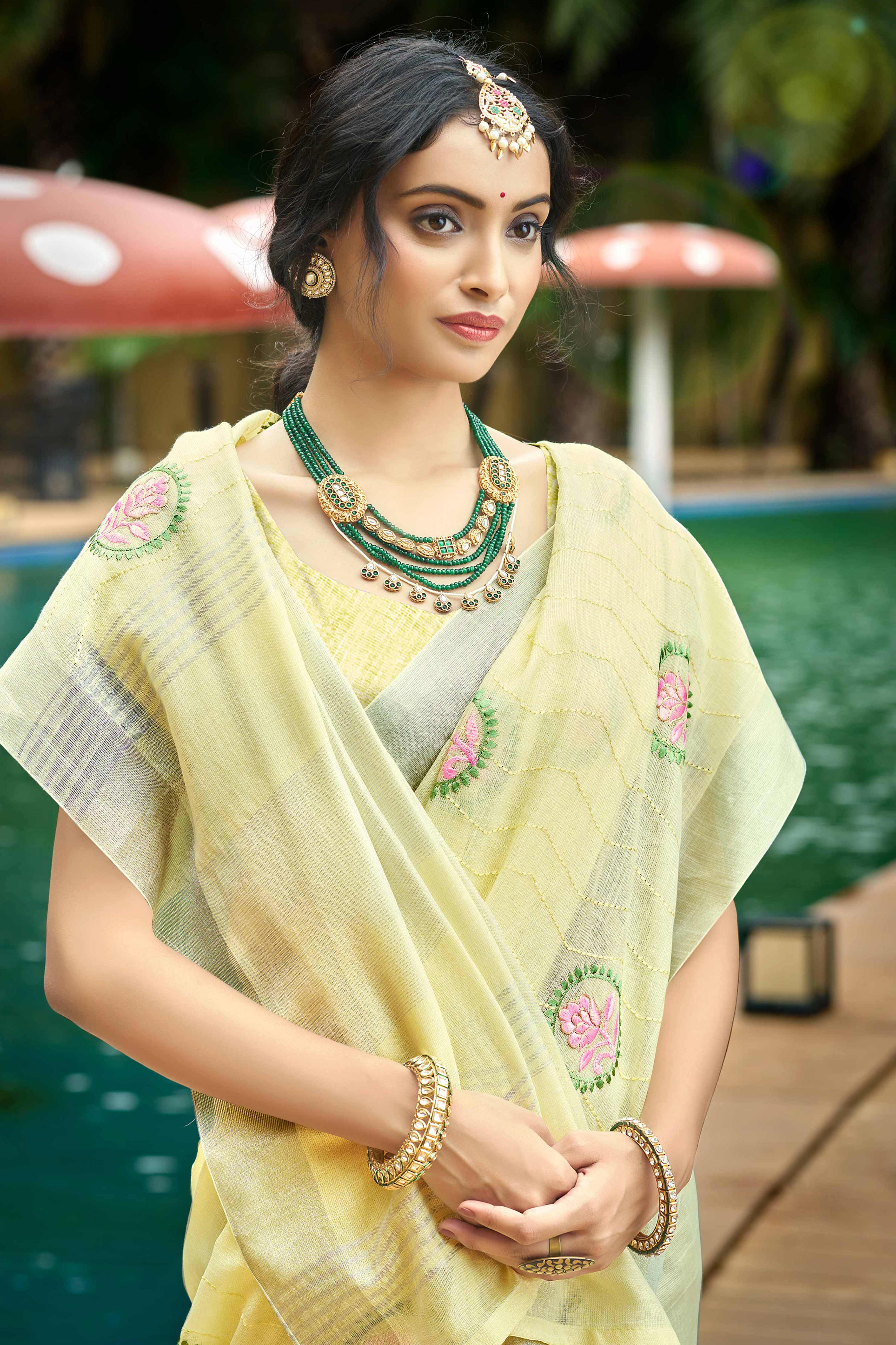 Premium Yellow Floral Embroidered Linen Saree With Striped Pattern Tassel Pallu
