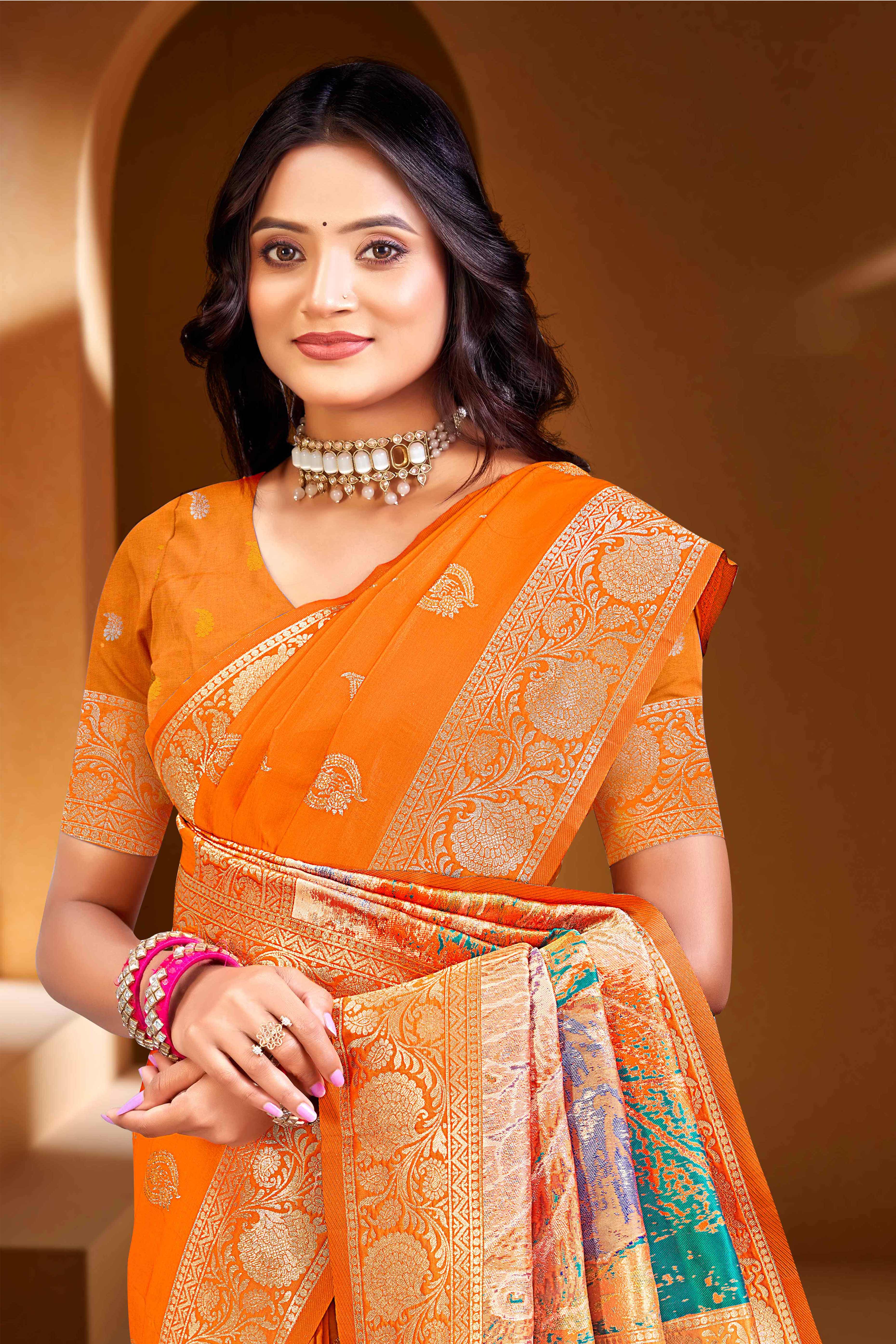 Luxury Orange Floral Weaving Silk Blend Saree Finished With A Digital Peacock Printed Pallu