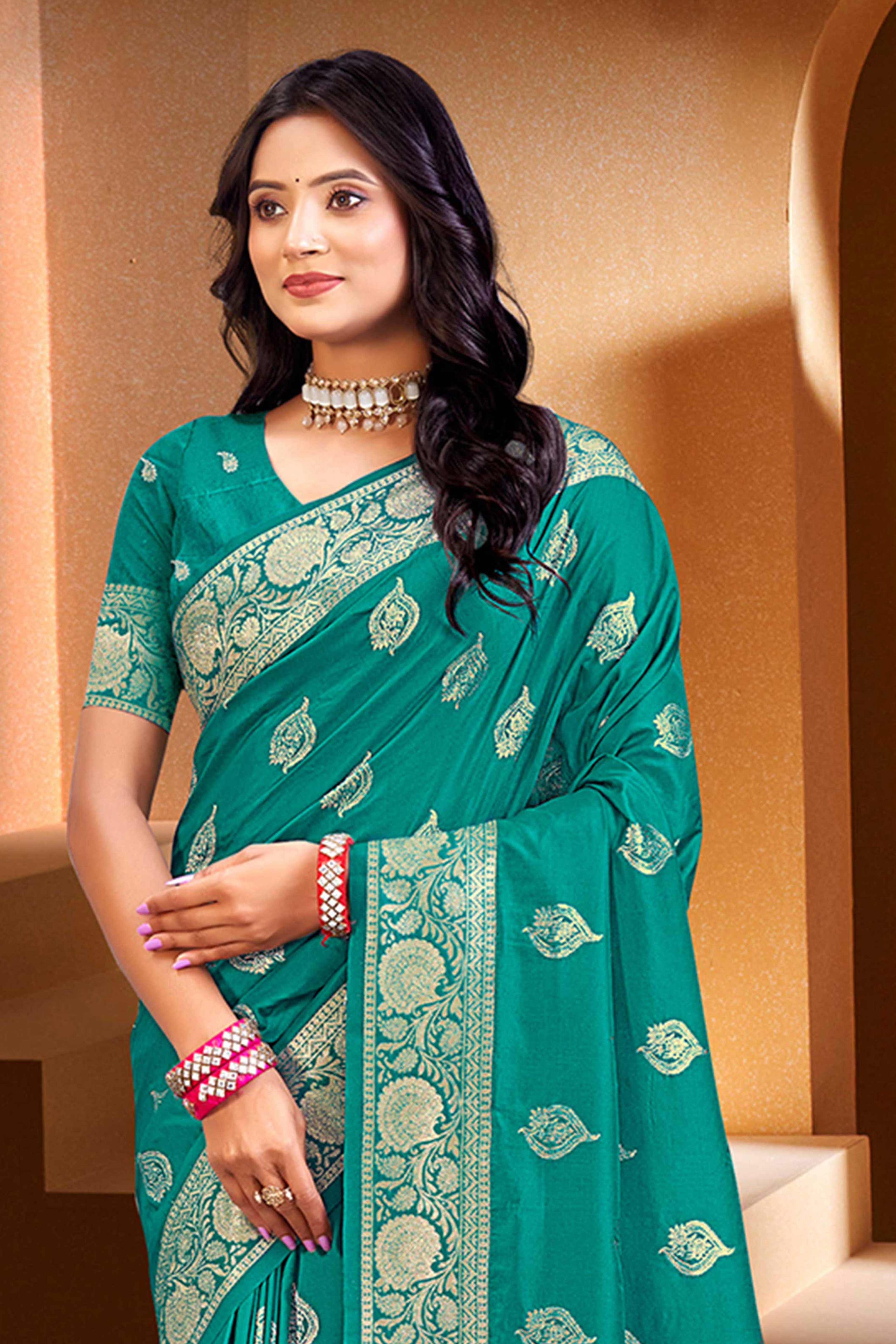 Luxury Rama Green Floral Weaving Silk Blend Saree Finished With A Digital Peacock Printed Pallu
