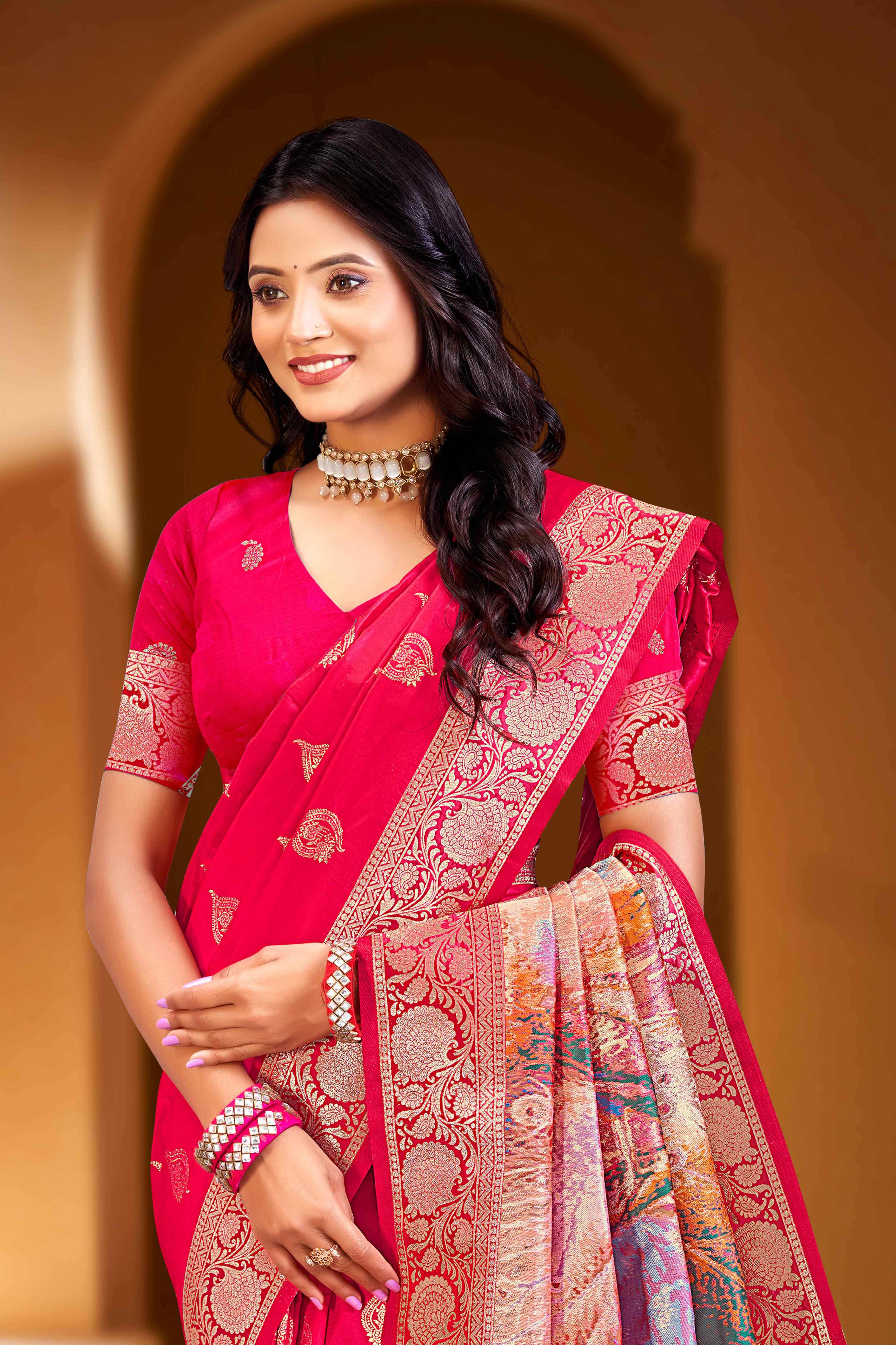 Luxury Pink Floral Weaving Silk Blend Saree Finished With A Digital Peacock Printed Pallu
