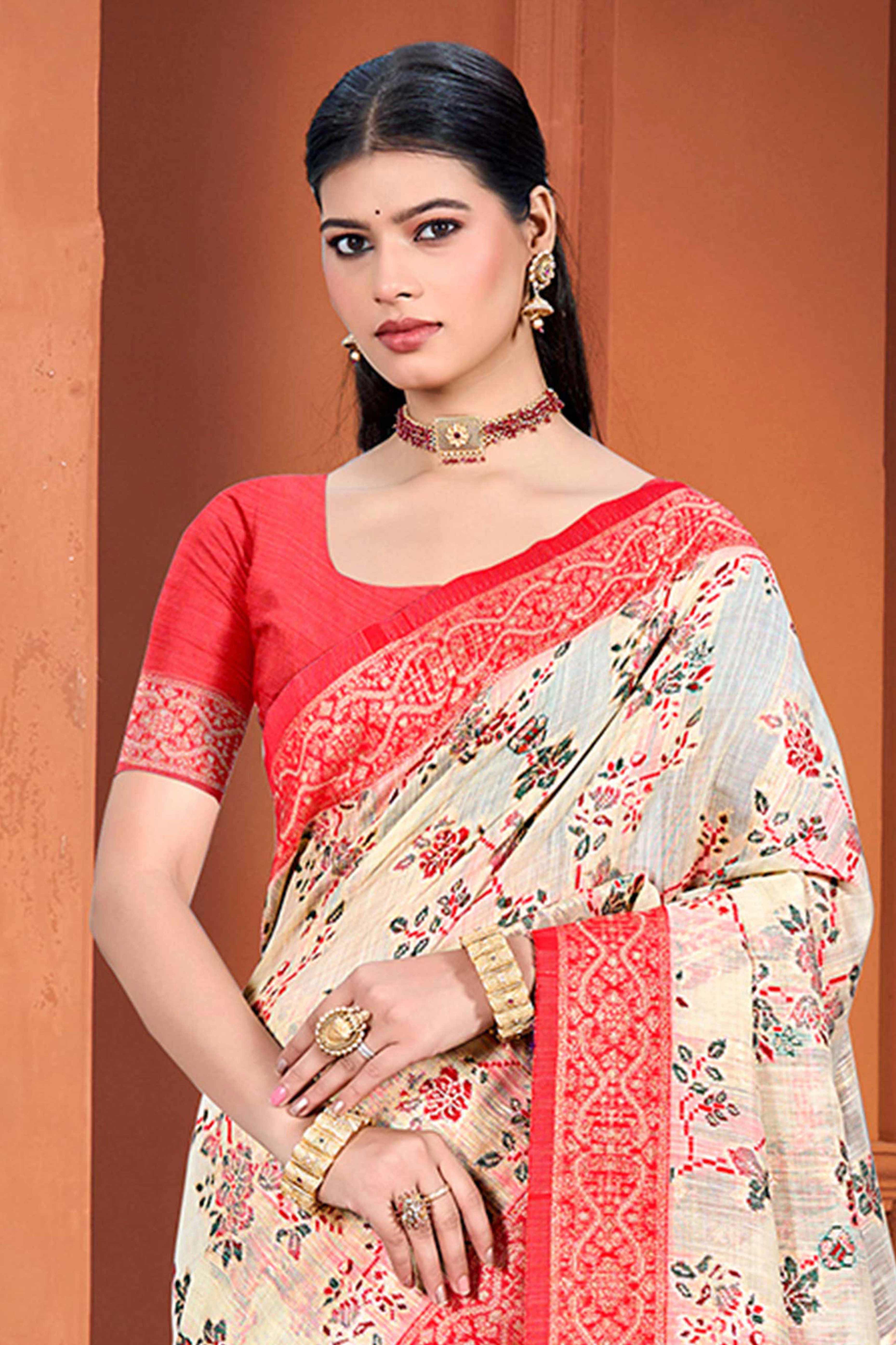 Stunning Beige Floral Zari Weaving Cotton Silk Meena Saree With Tassel Pallu