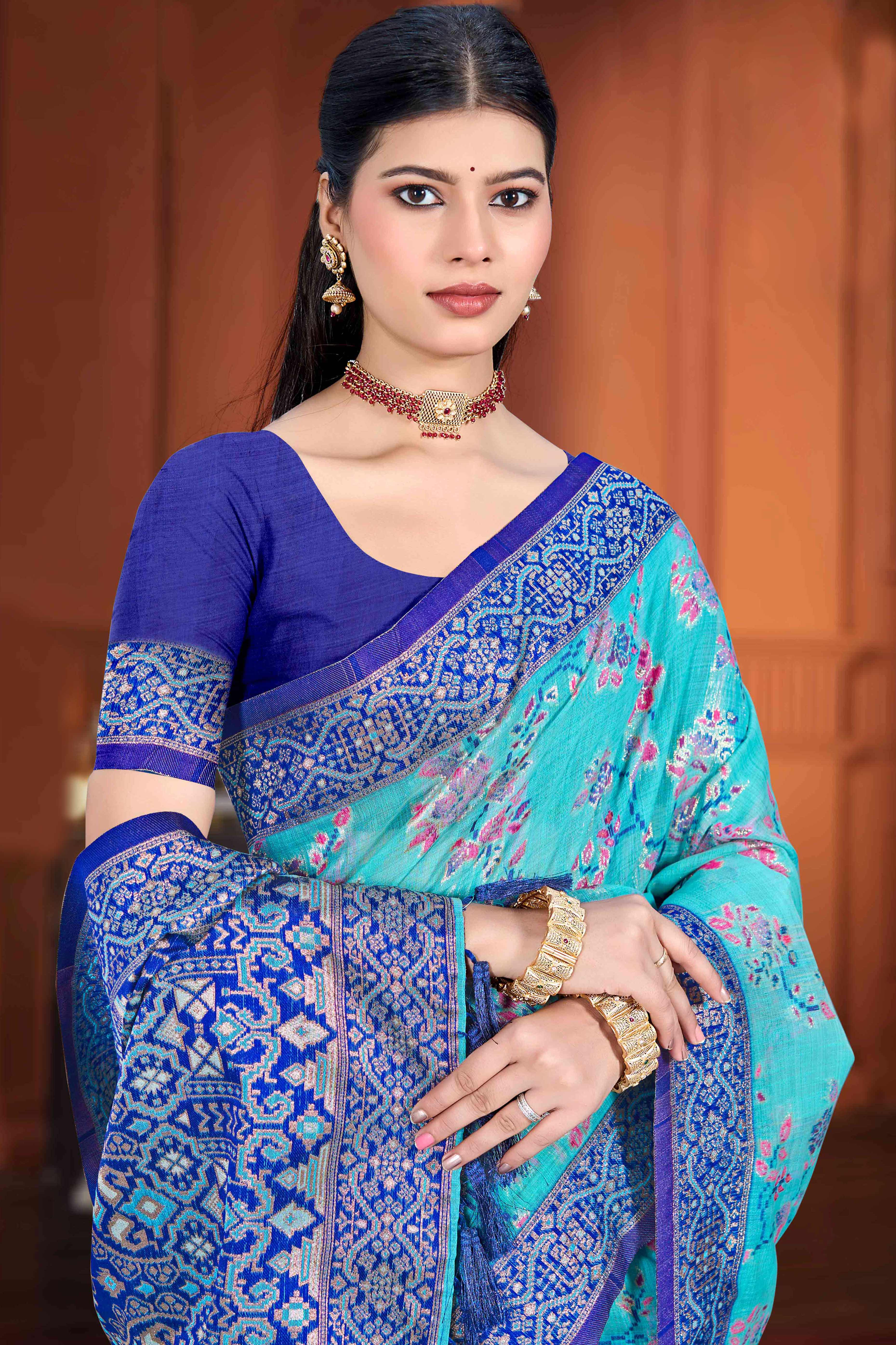 Stunning Blue Floral Zari Weaving Cotton Silk Meena Saree With Tassel Pallu
