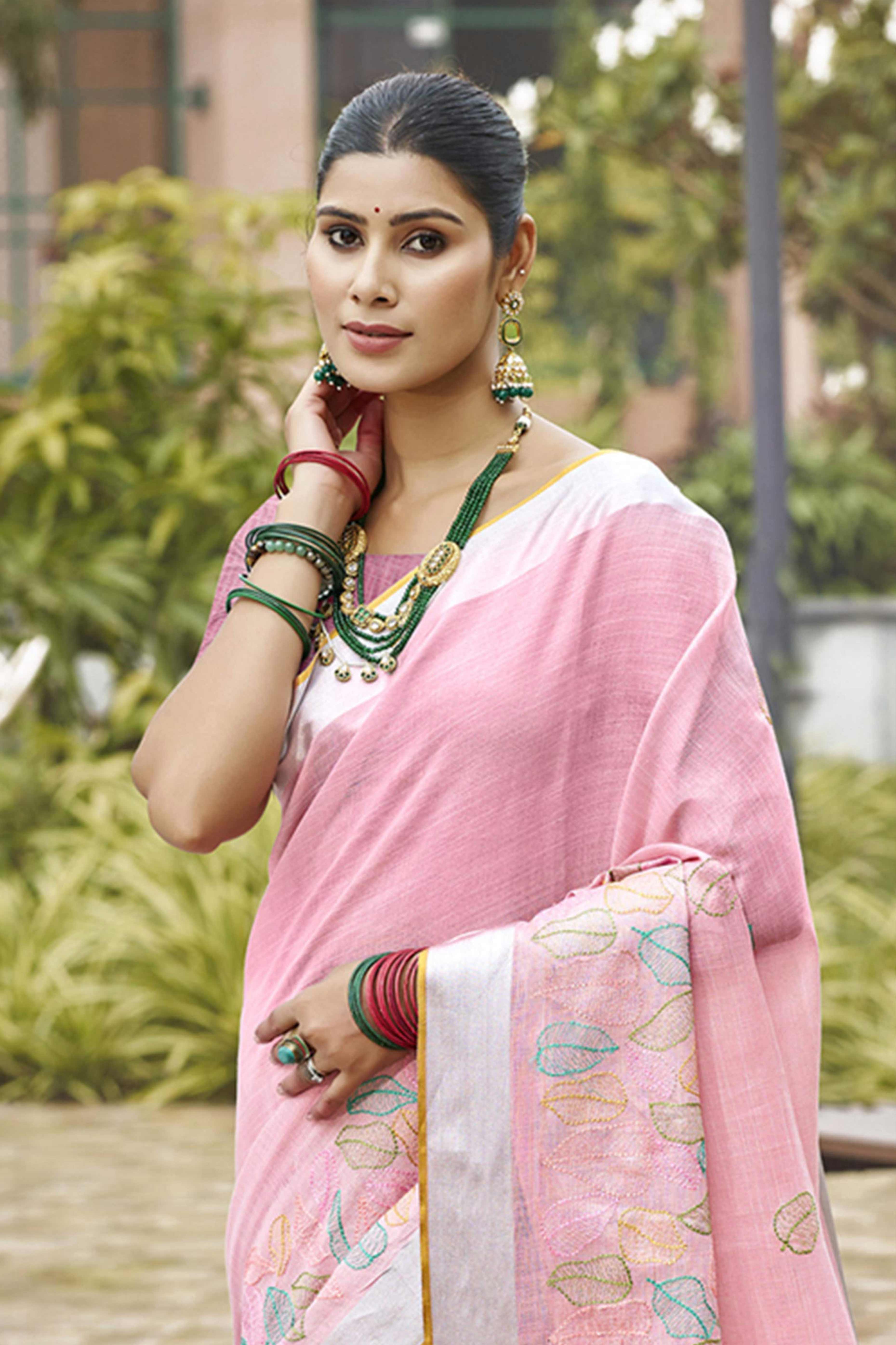 Classic Baby Pink Leaf Pattern Thread Embroidery Work Linen Saree With Tassel Pallu