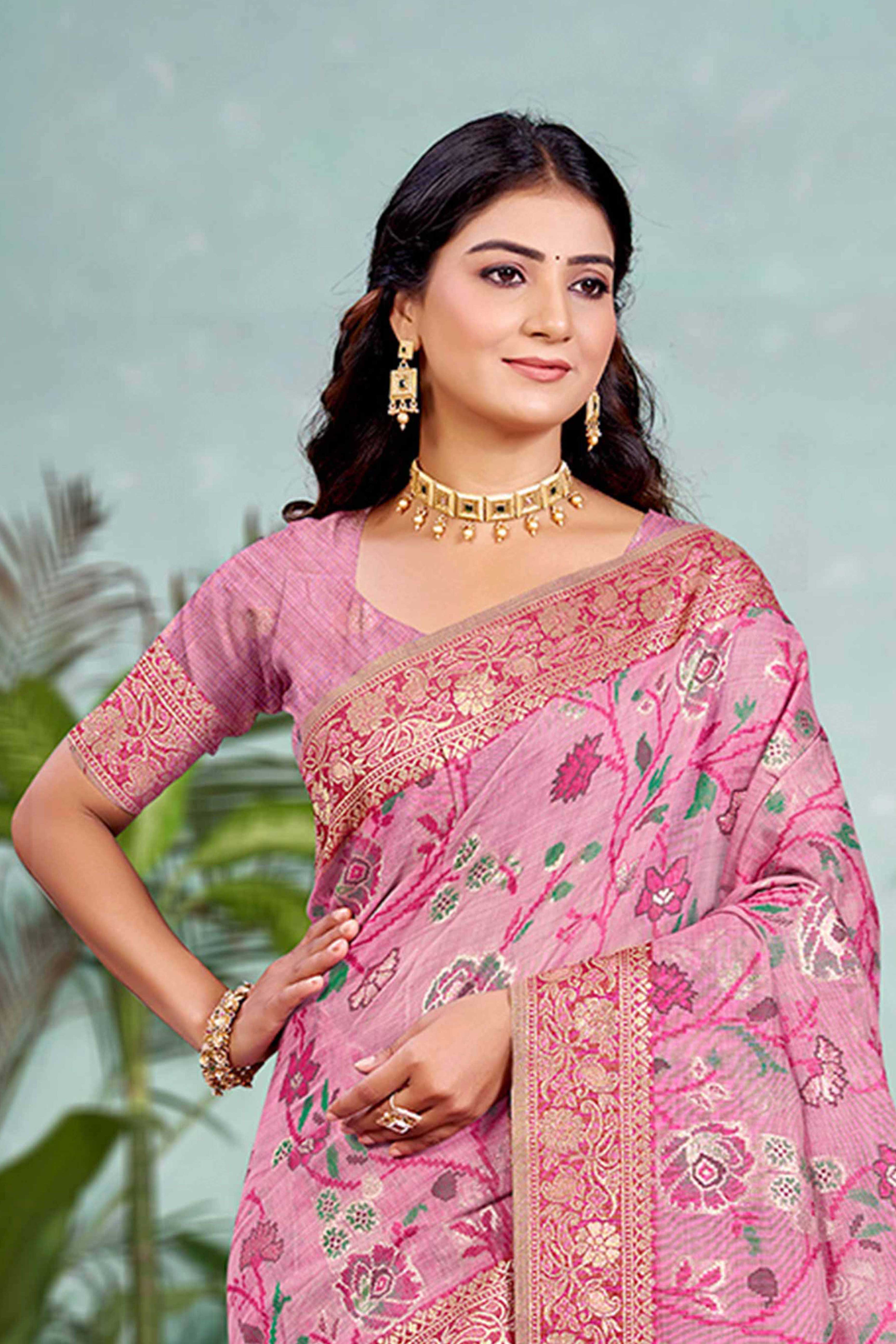 Captivating Pink Floral Zari Weaving Cotton Silk Saree Accented With Tassel Pallu