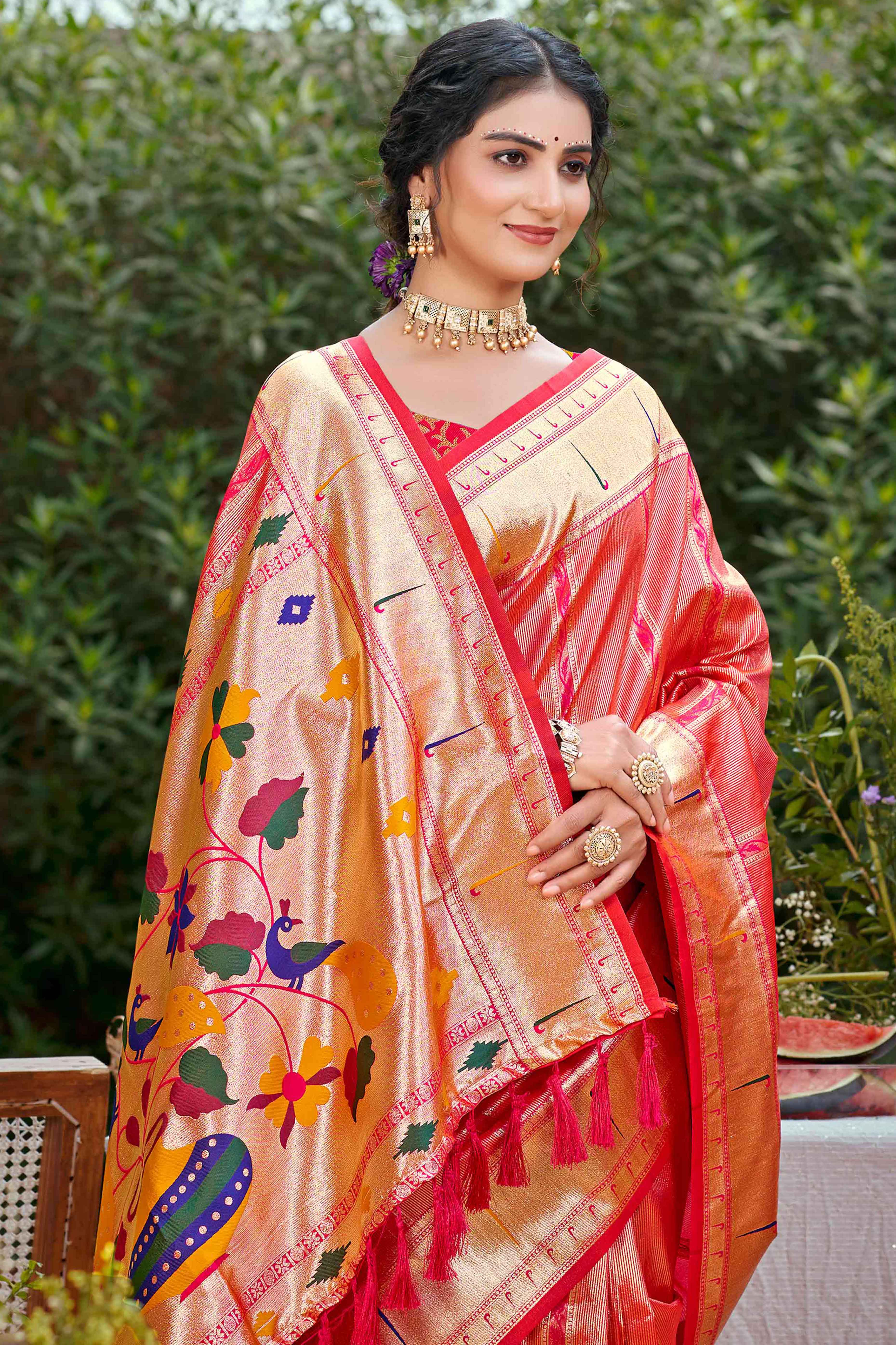 Coral Pink Designer Weaving Silk Blend Saree Accented With Graceful Peacock & Floral Motif Pallu