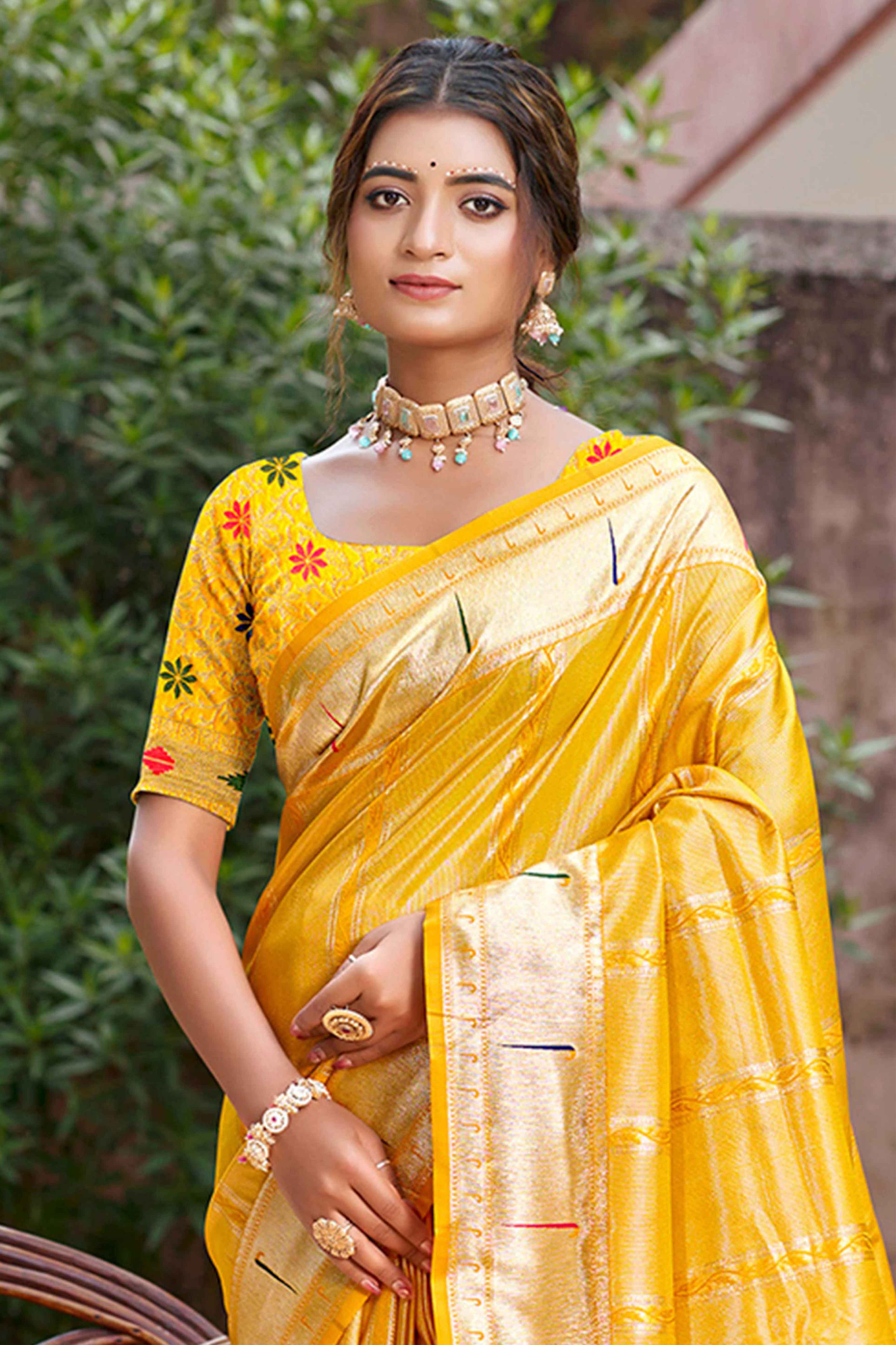 Yellow Designer Weaving Silk Blend Saree Accented With Graceful Peacock & Floral Motif Pallu