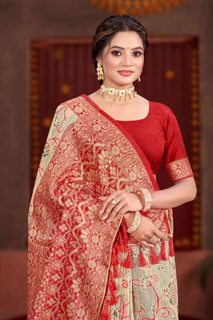Elegant Beige Cotton Silk Saree Adorned With Floral Weaving & Graceful Tassel Pallu