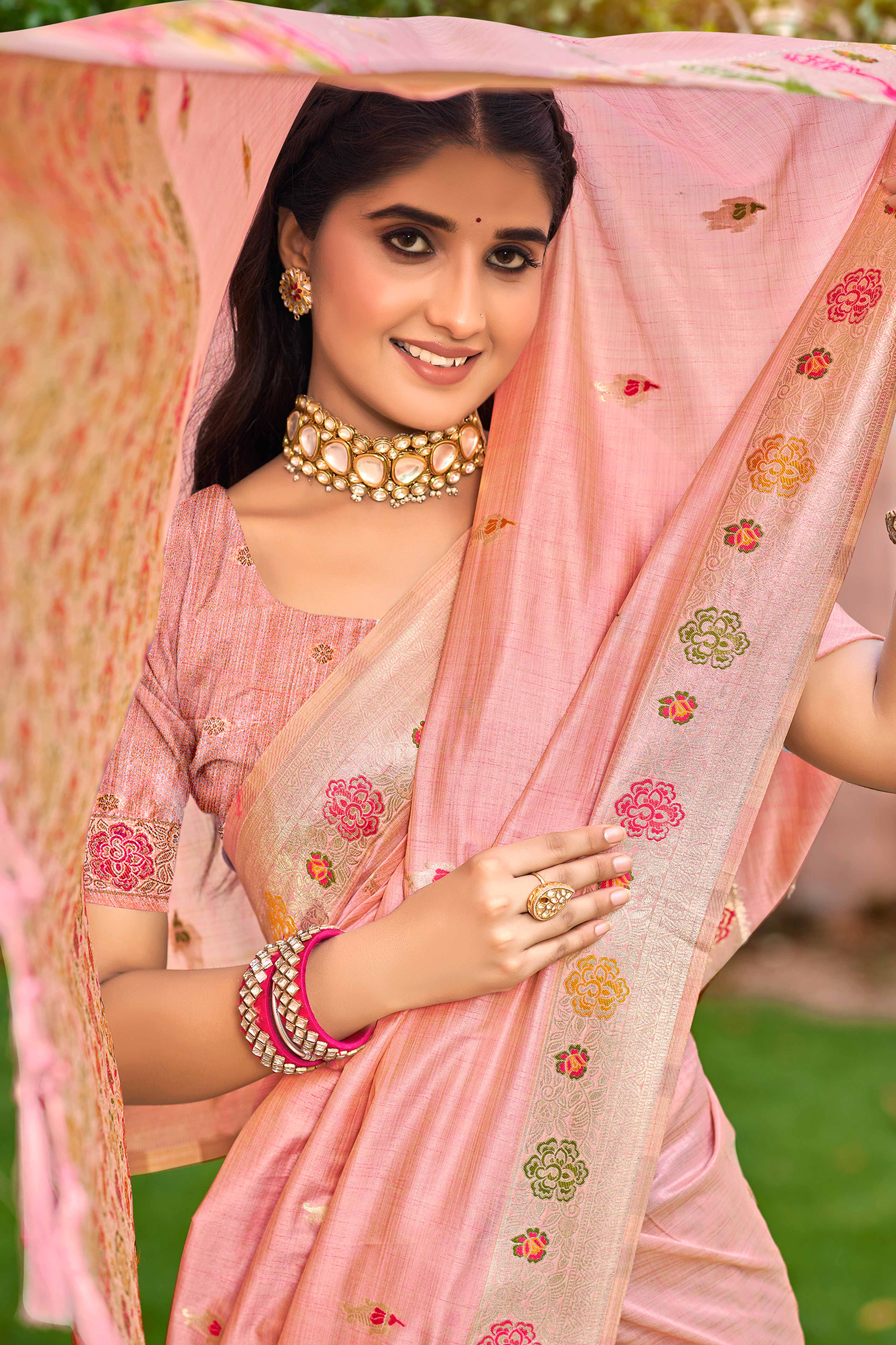 Pink Assam Silk Blend  Saree Featuring Intricate Floral Zari Weave & Tassel Pallu