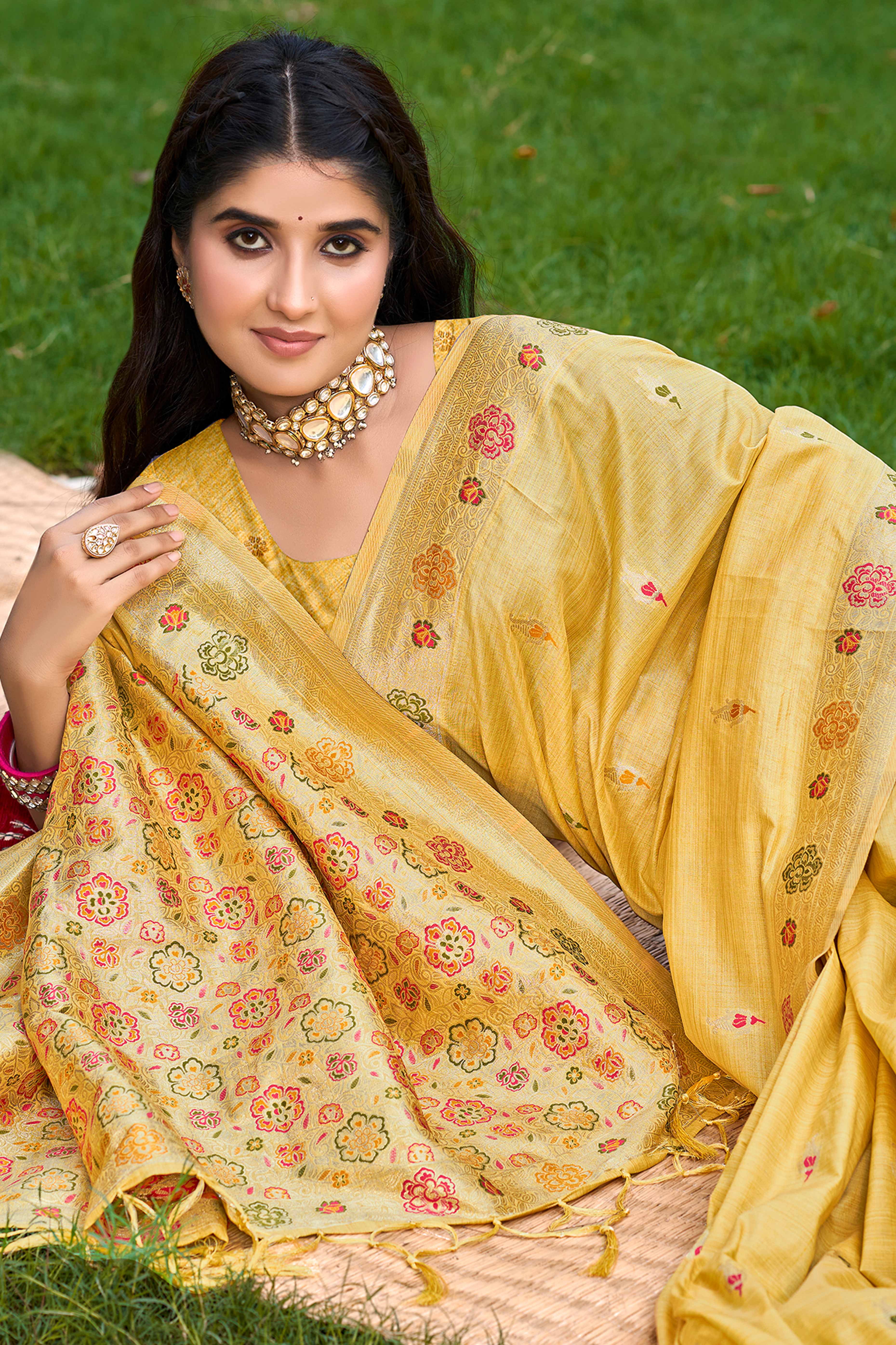 Yellow Assam Silk Blend  Saree Featuring Intricate Floral Zari Weave & Tassel Pallu